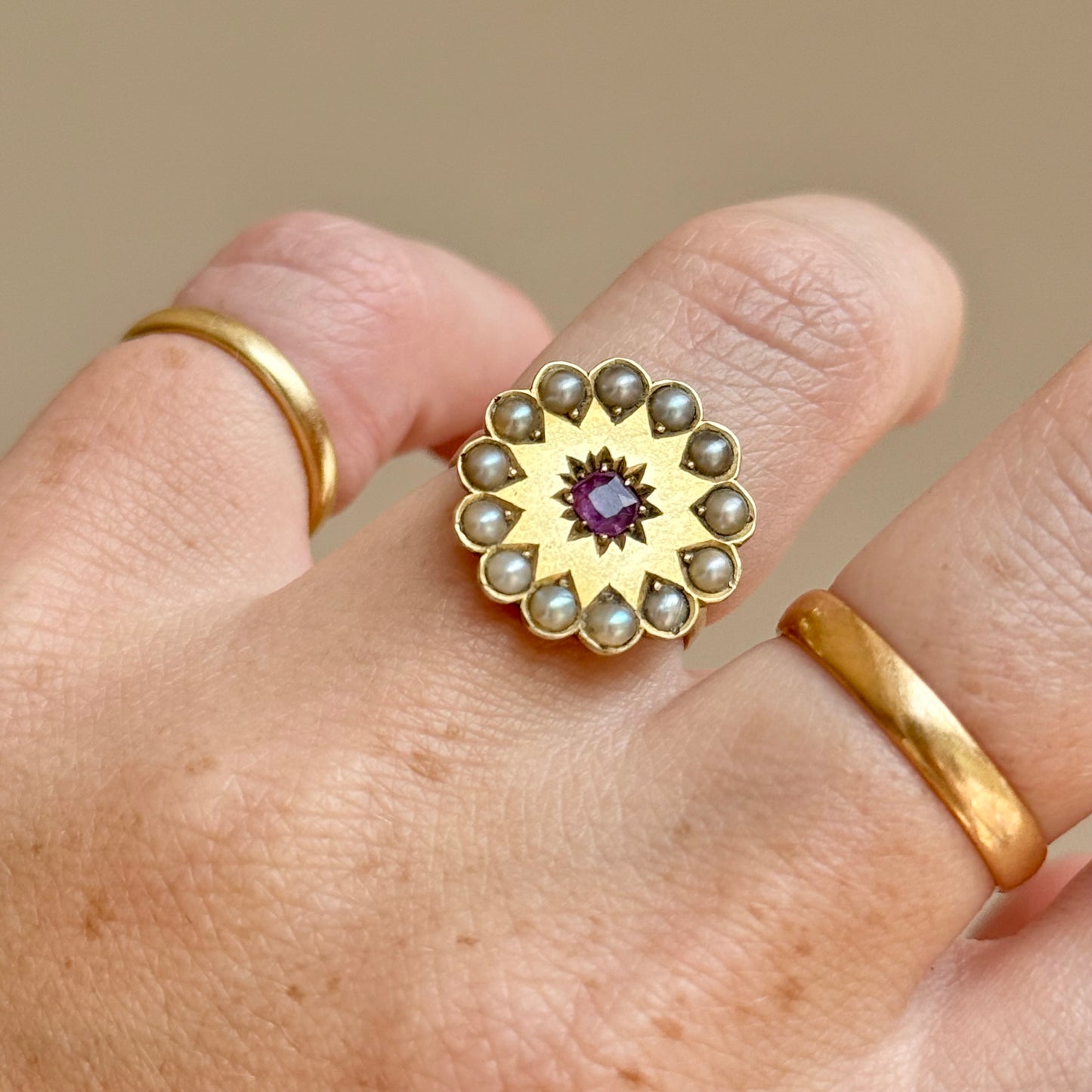 Antique Ruby & Pearl Ring in 9 Carat Gold; Circa 1900