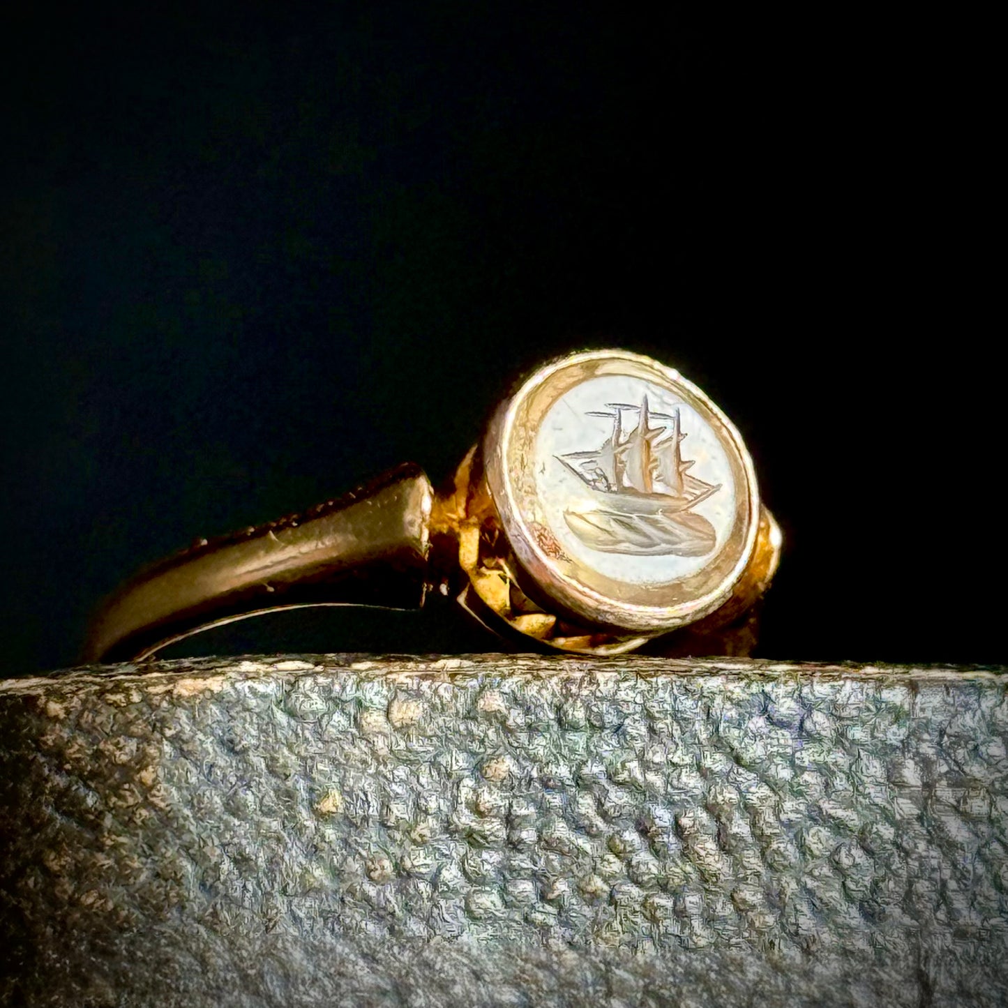 Edwardian Citrine Ship Intaglio Ring in 18 Carat Gold; Circa 1907