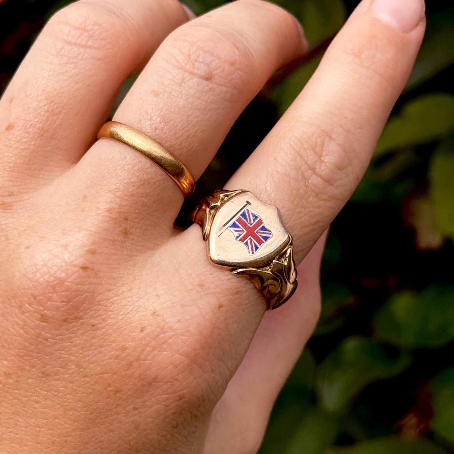 Antique First World War Enamel Signet Ring in 9 Carat Rose Gold; Circa 1914