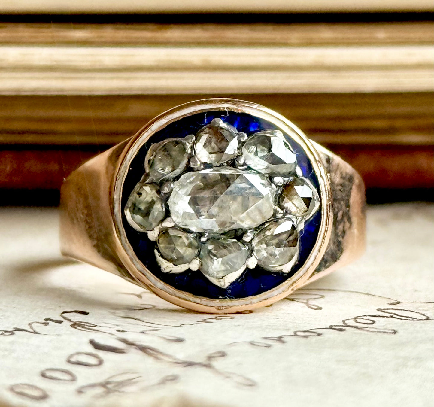 Georgian Rose Cut Diamond & Enamel Cluster Ring, Circa 1830