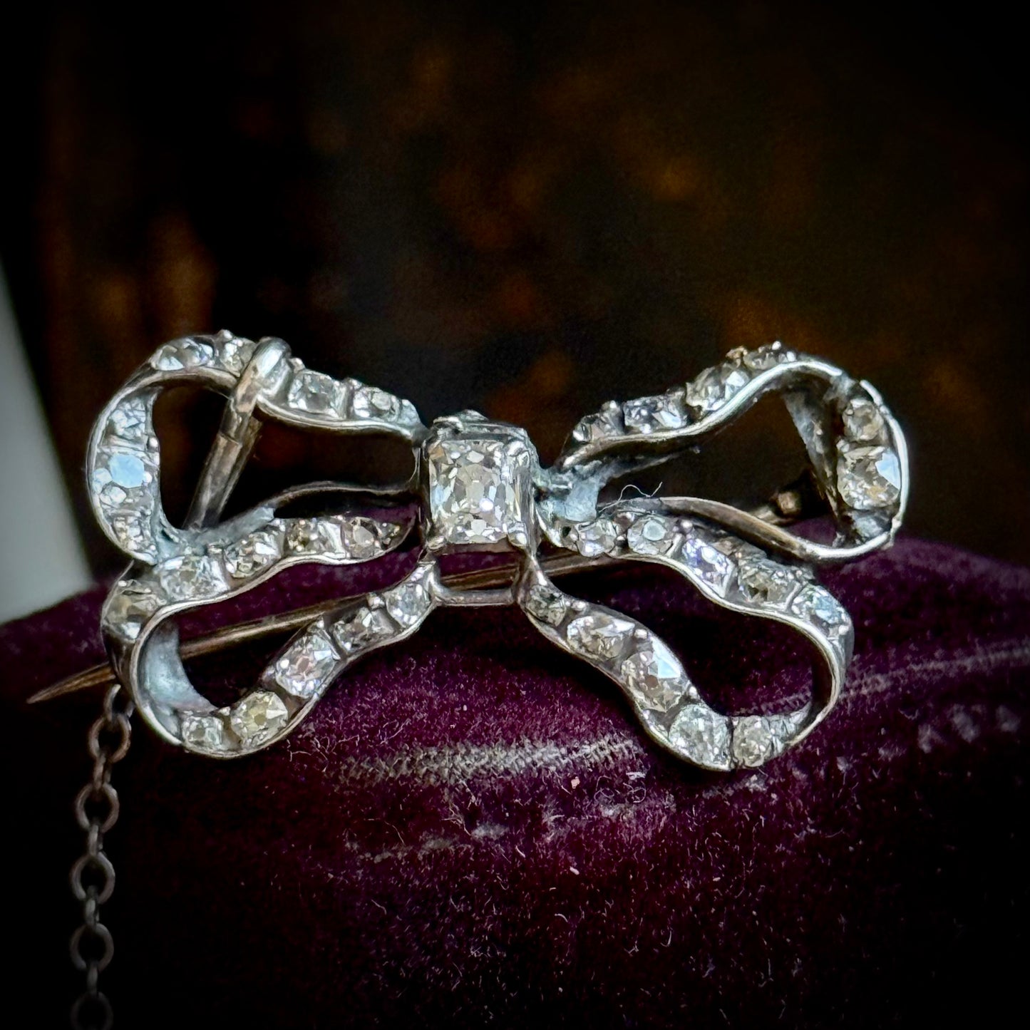 Mid Victorian Diamond Bow Brooch in Silver and Gold; Circa 1860