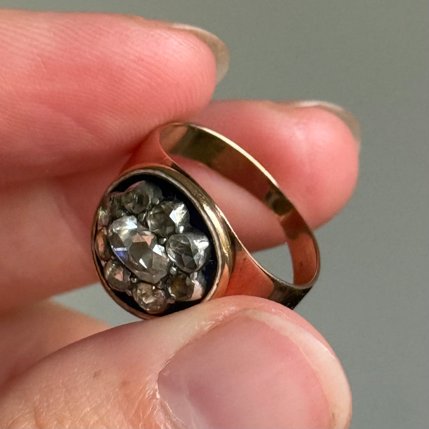 Georgian Rose Cut Diamond & Enamel Cluster Ring, Circa 1830