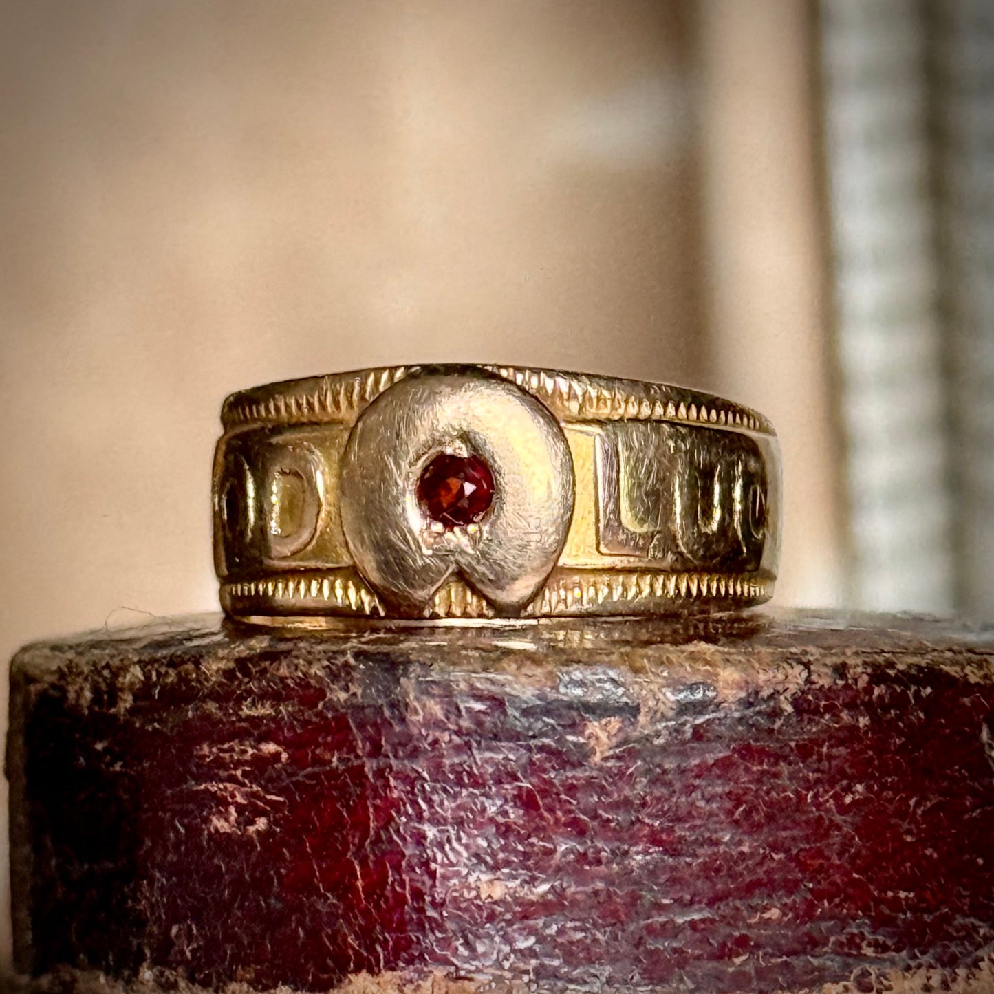 Antique Victorian Good Luck Garnet Ring in 18 Carat Gold; Circa 1855