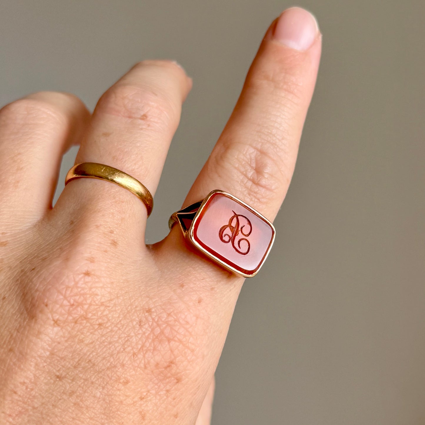 Antique Carnelian 'B' Intaglio Signet Ring in 9 Carat Gold, Circa 1880