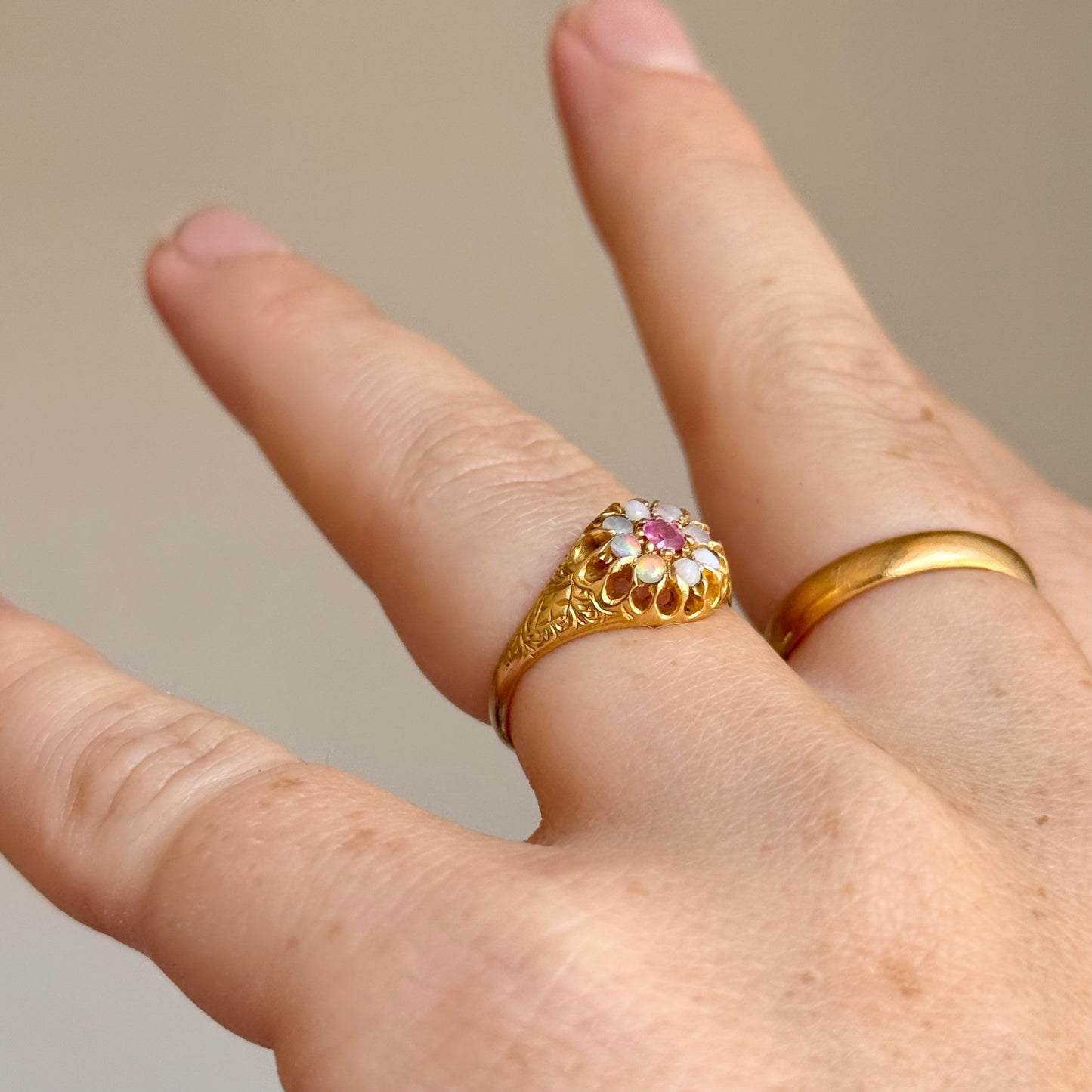 Antique Ruby & Opal Cluster Ring in 15 Carat Gold; Circa 1880
