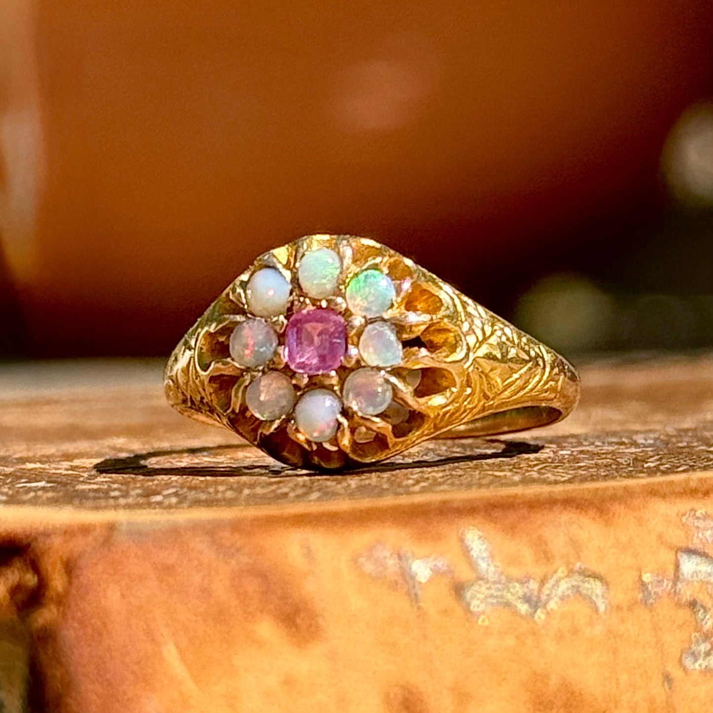 Antique Ruby & Opal Cluster Ring in 15 Carat Gold; Circa 1880