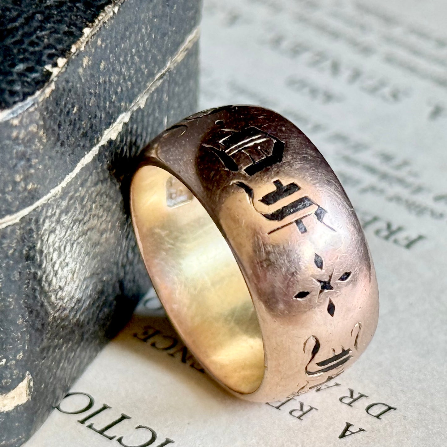 Antique Enamel Mourning Ring in 9 Carat Rose Gold; Circa 1902