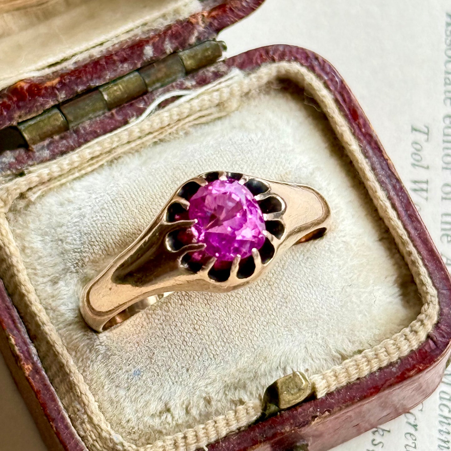 Large Old Cut Pink Sapphire Ring in 9 Carat Rose Gold; Circa 1890