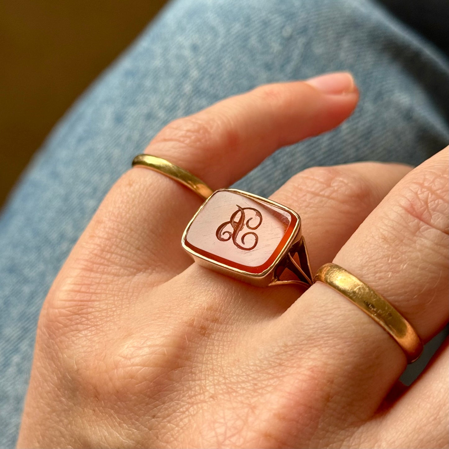 Antique Carnelian 'B' Intaglio Signet Ring in 9 Carat Gold, Circa 1880