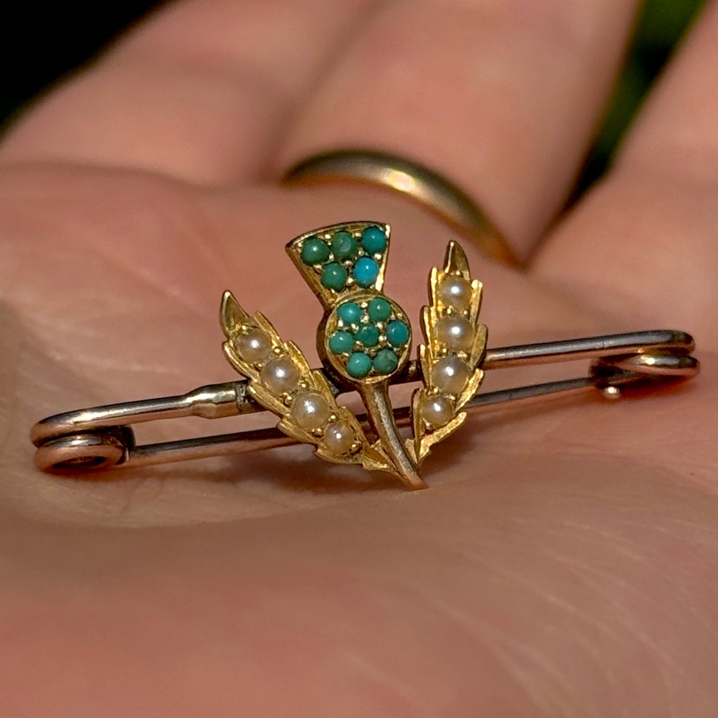 Antique Thistle Pearl & Turquoise 9 Carat Gold Brooch