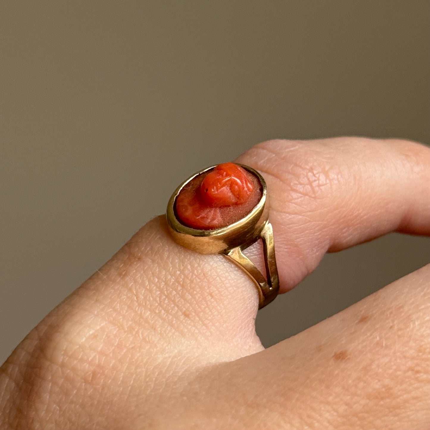 Early Victorian Coral Cameo Ring in 9 Carat Gold; Circa 1830