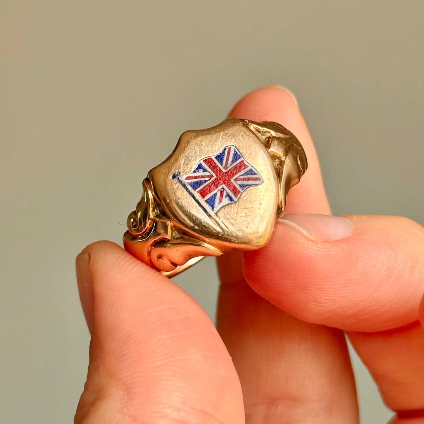 Antique First World War Enamel Signet Ring in 9 Carat Rose Gold; Circa 1914