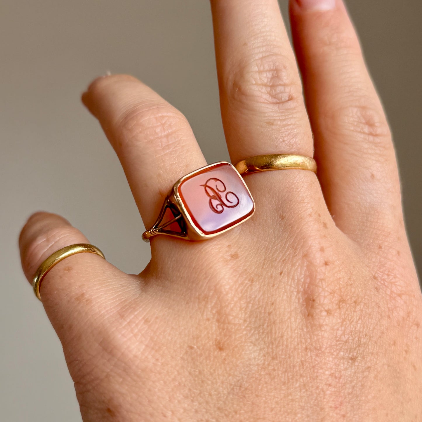 Antique Carnelian 'B' Intaglio Signet Ring in 9 Carat Gold, Circa 1880