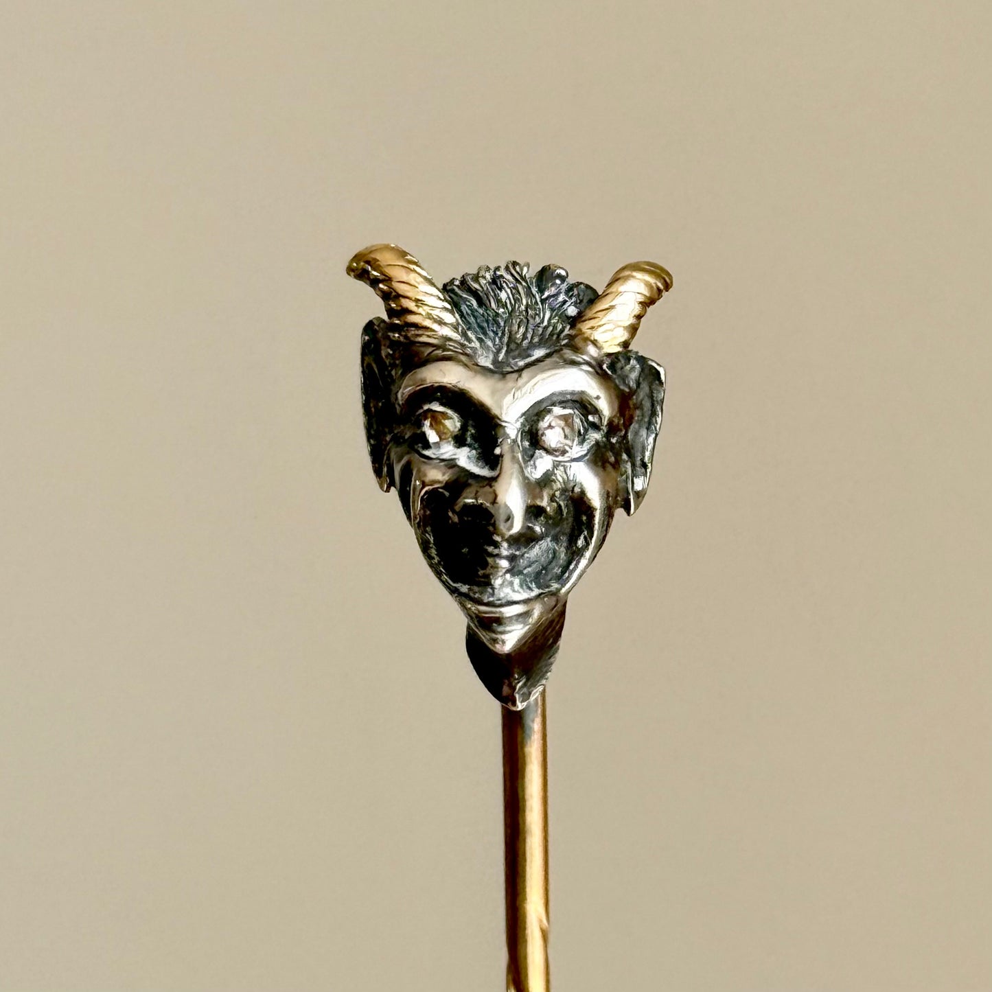 Rare Victorian Devil’s Head Tie Pin with Rose Cut Diamonds in Box Circa 1870