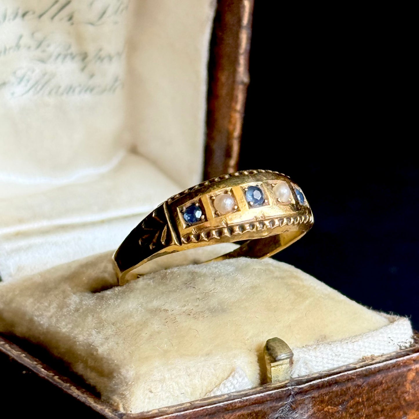 Antique Sapphire & Pearl Ring in 9 Carat Gold; Circa 1900