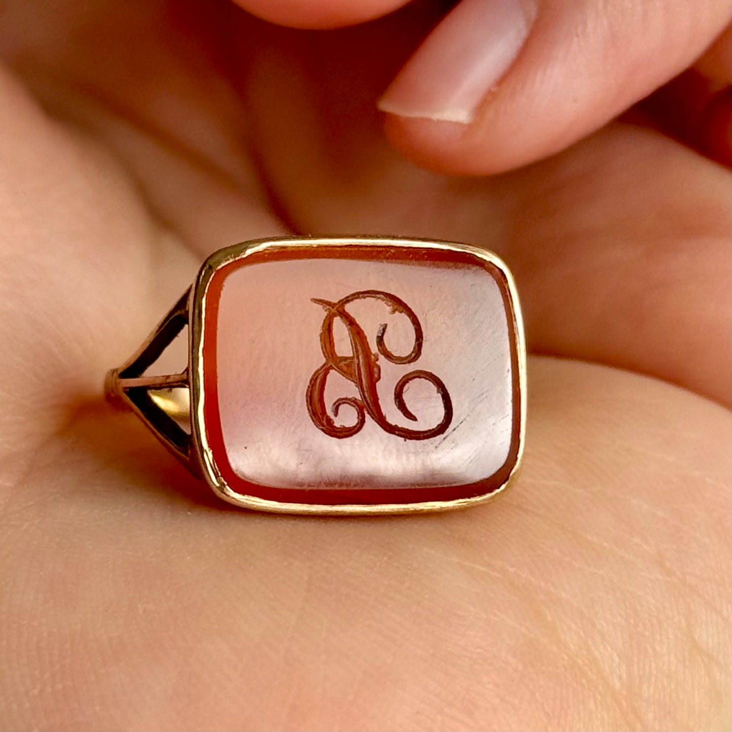 Antique Carnelian 'B' Intaglio Signet Ring in 9 Carat Gold, Circa 1880