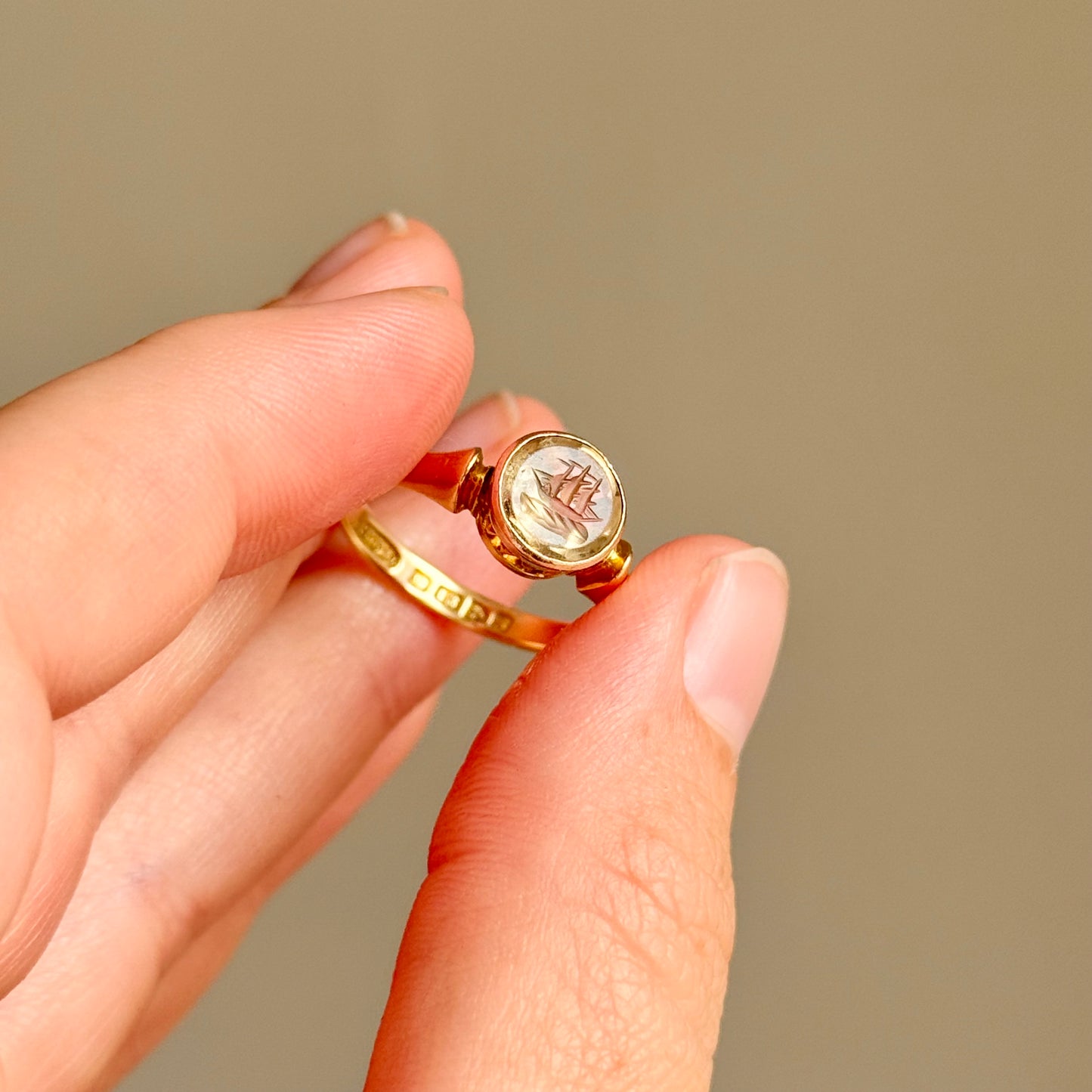 Edwardian Citrine Ship Intaglio Ring in 18 Carat Gold; Circa 1907