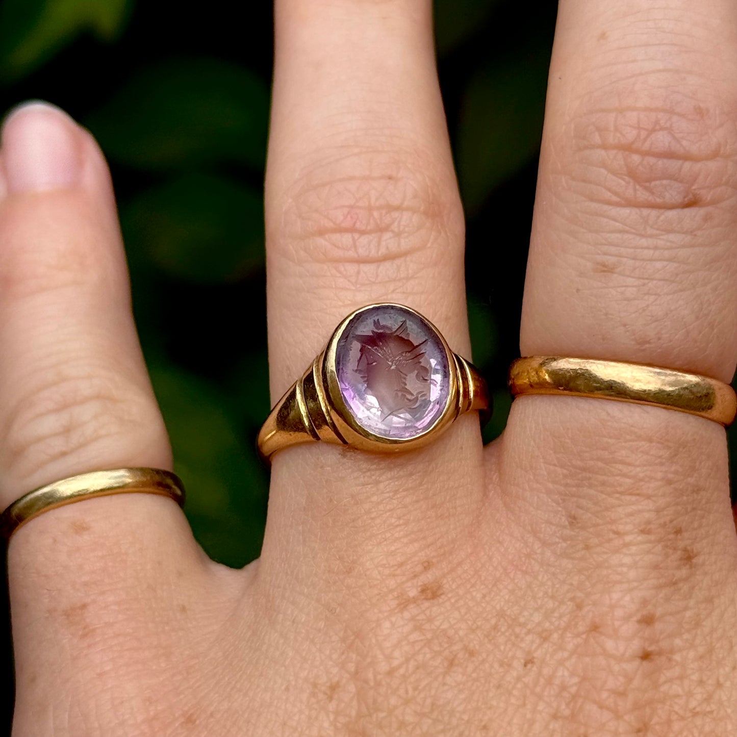 Antique Amethyst Intaglio Ring in 18 Carat Gold; Circa 1900
