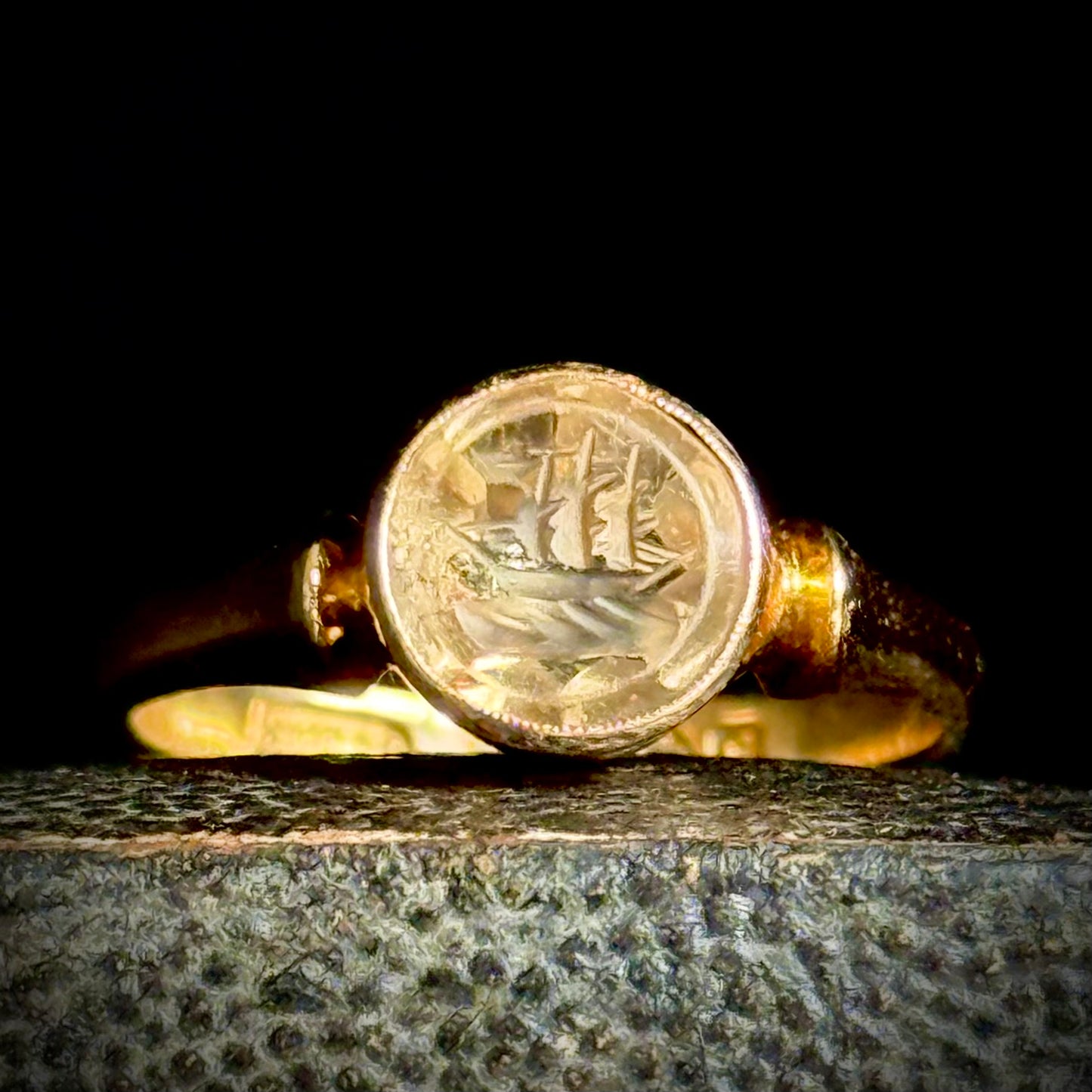 Edwardian Citrine Ship Intaglio Ring in 18 Carat Gold; Circa 1907