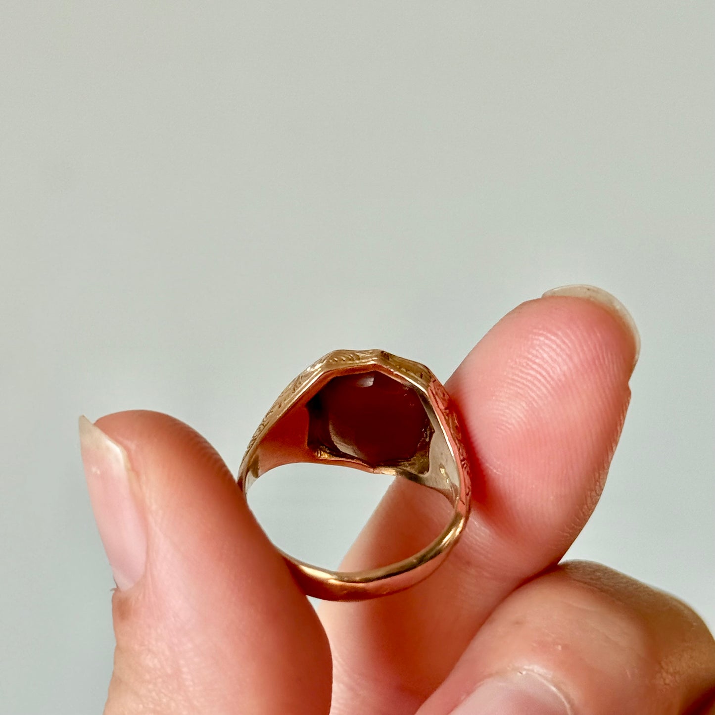 Antique Lion Sardonyx Signet Ring in 9 Carat Rose Gold; Circa 1900