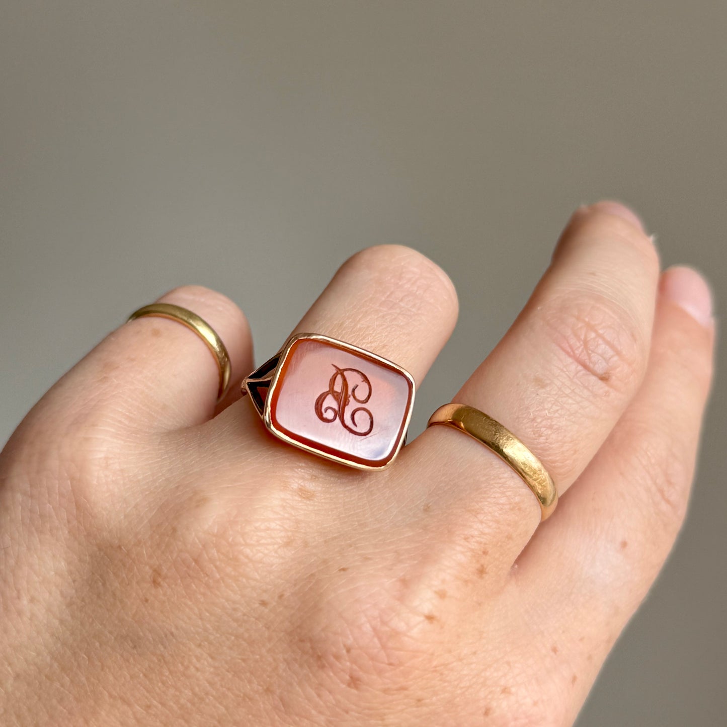 Antique Carnelian 'B' Intaglio Signet Ring in 9 Carat Gold, Circa 1880