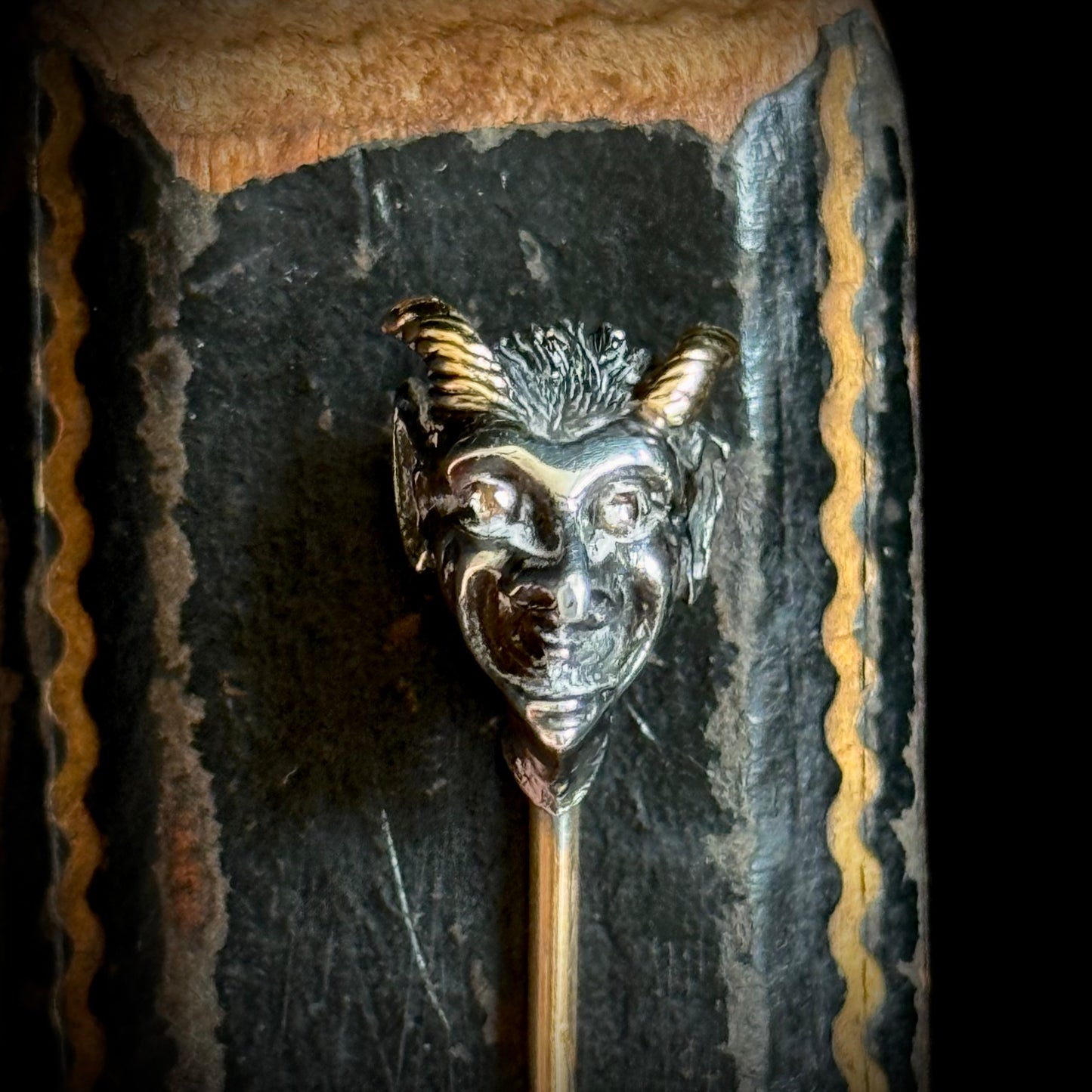 Rare Victorian Devil’s Head Tie Pin with Rose Cut Diamonds in Box Circa 1870