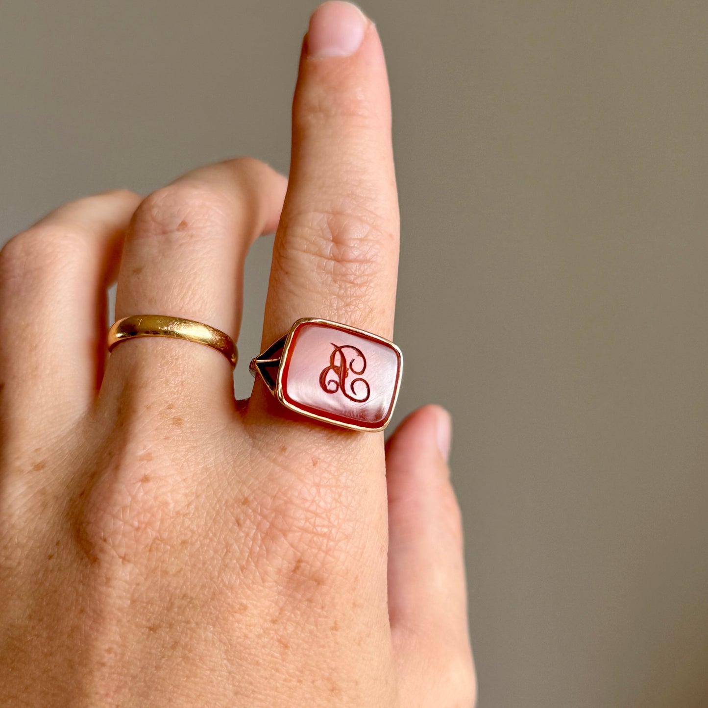 Antique Carnelian 'B' Intaglio Signet Ring in 9 Carat Gold, Circa 1880