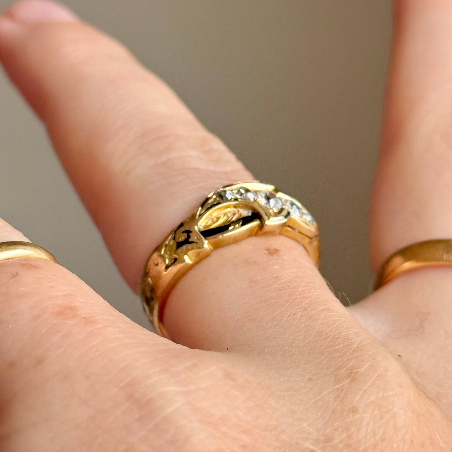 Antique Diamond & Enamel Mourning Ring in 18 Carat Gold; Circa 1879