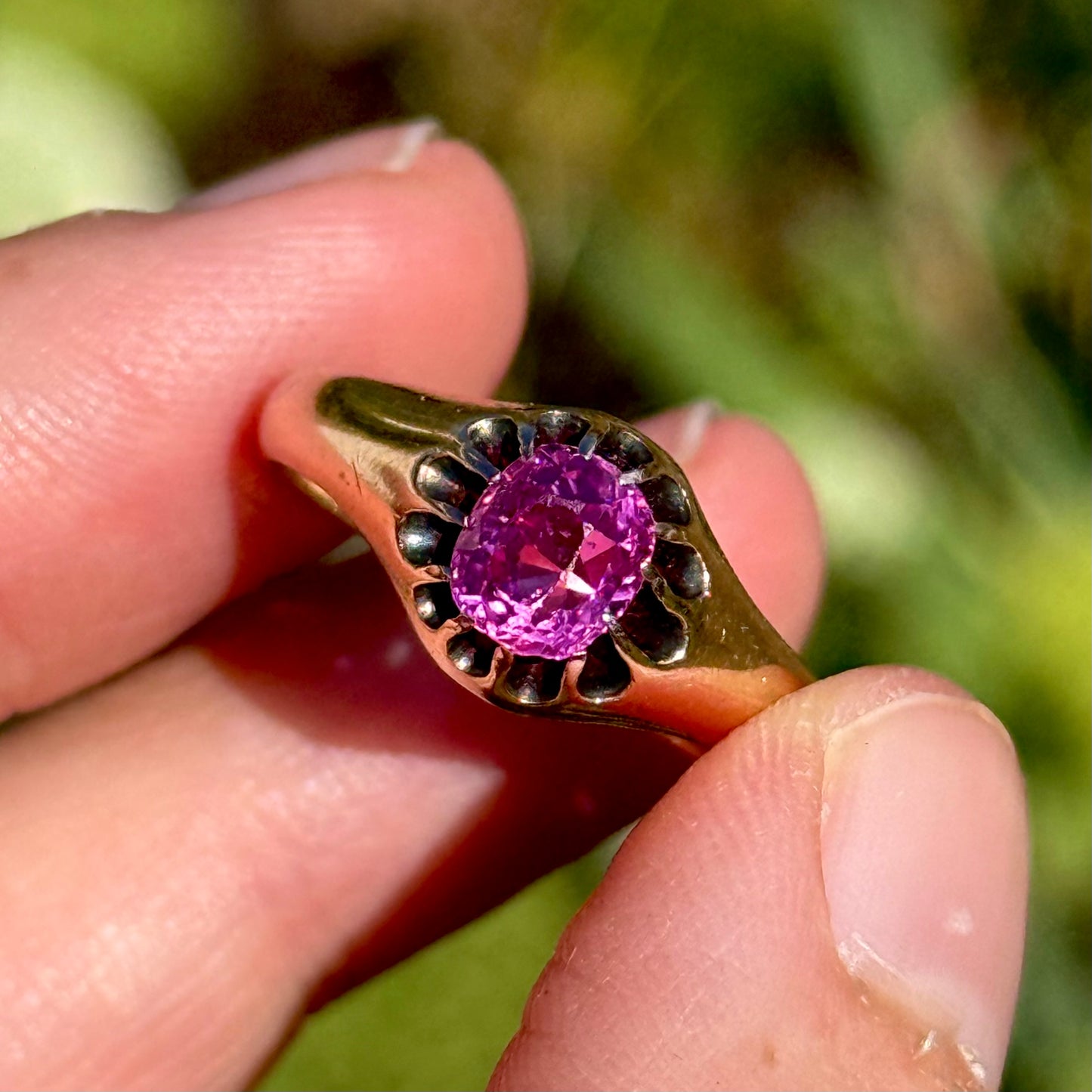 Large Old Cut Pink Sapphire Ring in 9 Carat Rose Gold; Circa 1890