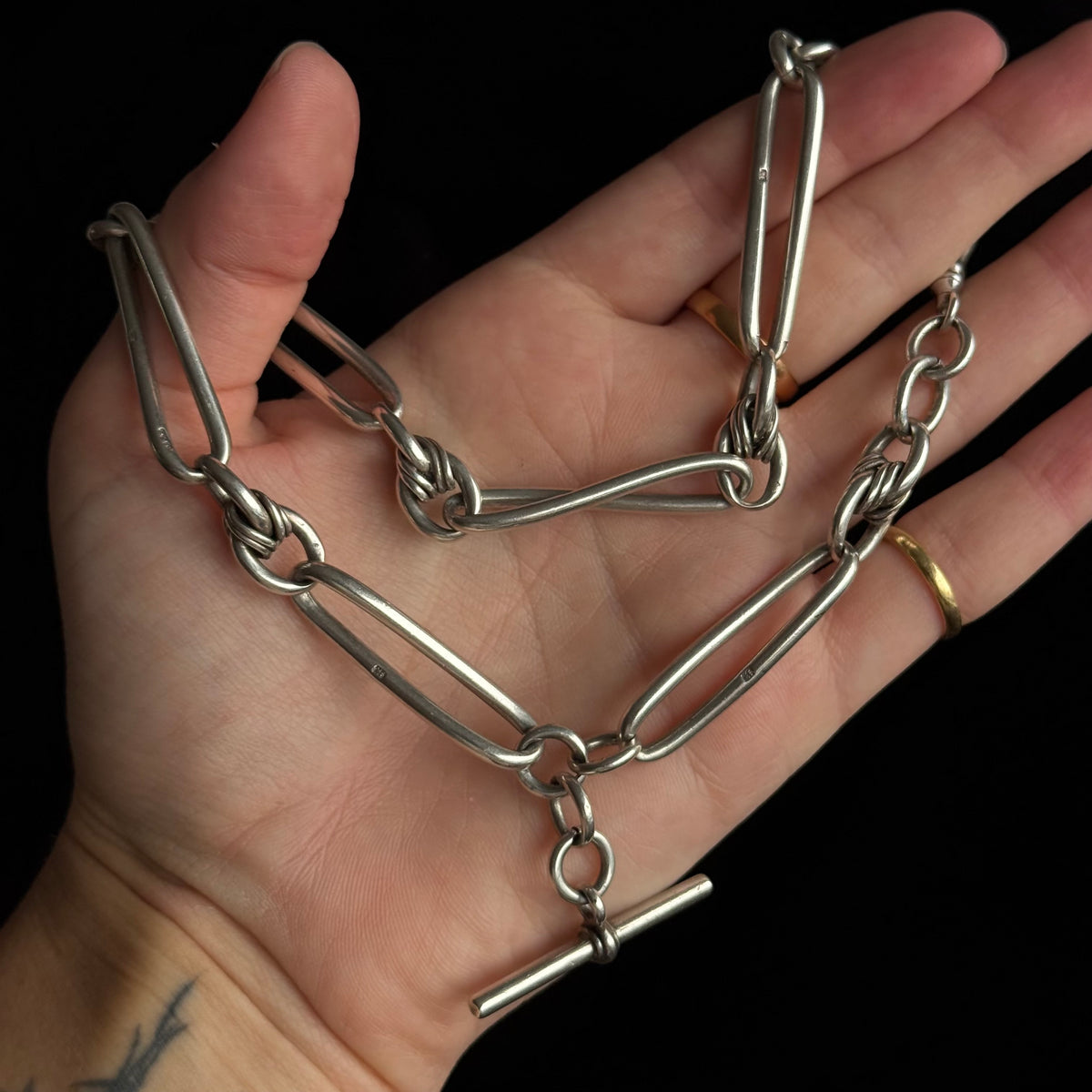 Victorian Heavy Trombone & Lover's Knot Chain in Silver; circa 1893
