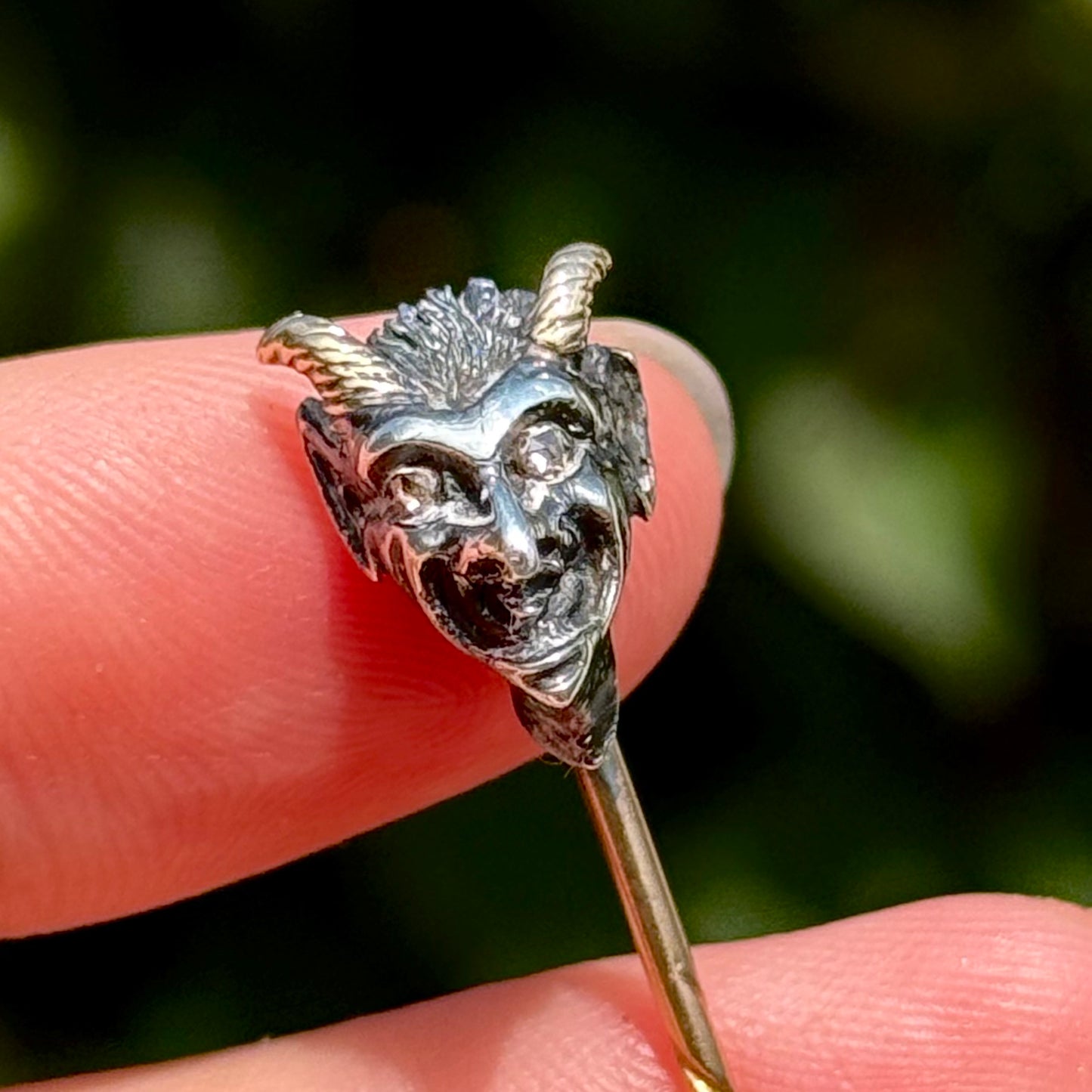 Rare Victorian Devil’s Head Tie Pin with Rose Cut Diamonds in Box Circa 1870