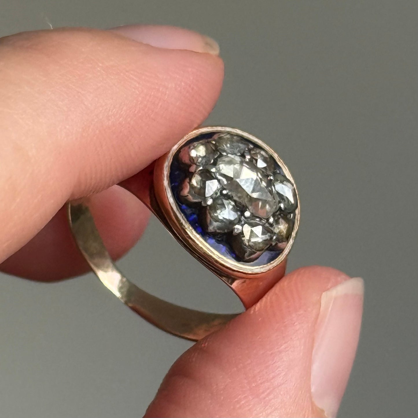 Georgian Rose Cut Diamond & Enamel Cluster Ring, Circa 1830
