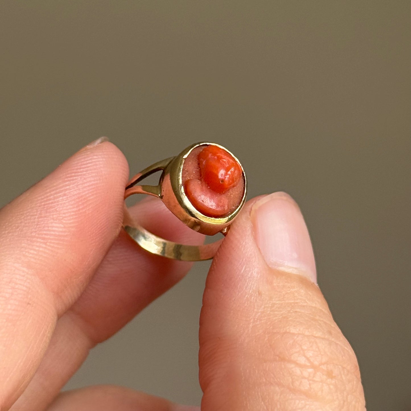 Early Victorian Coral Cameo Ring in 9 Carat Gold; Circa 1830