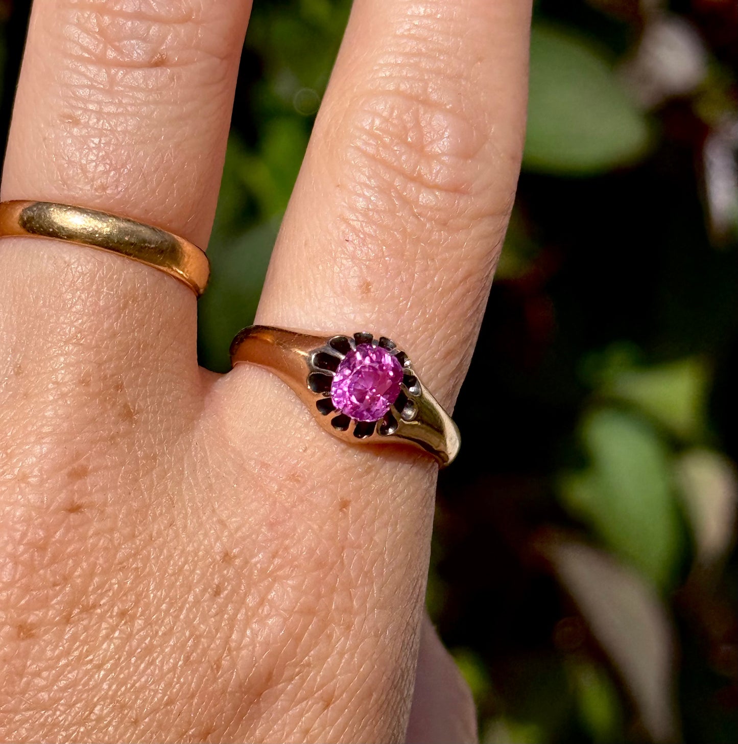 Large Old Cut Pink Sapphire Ring in 9 Carat Rose Gold; Circa 1890