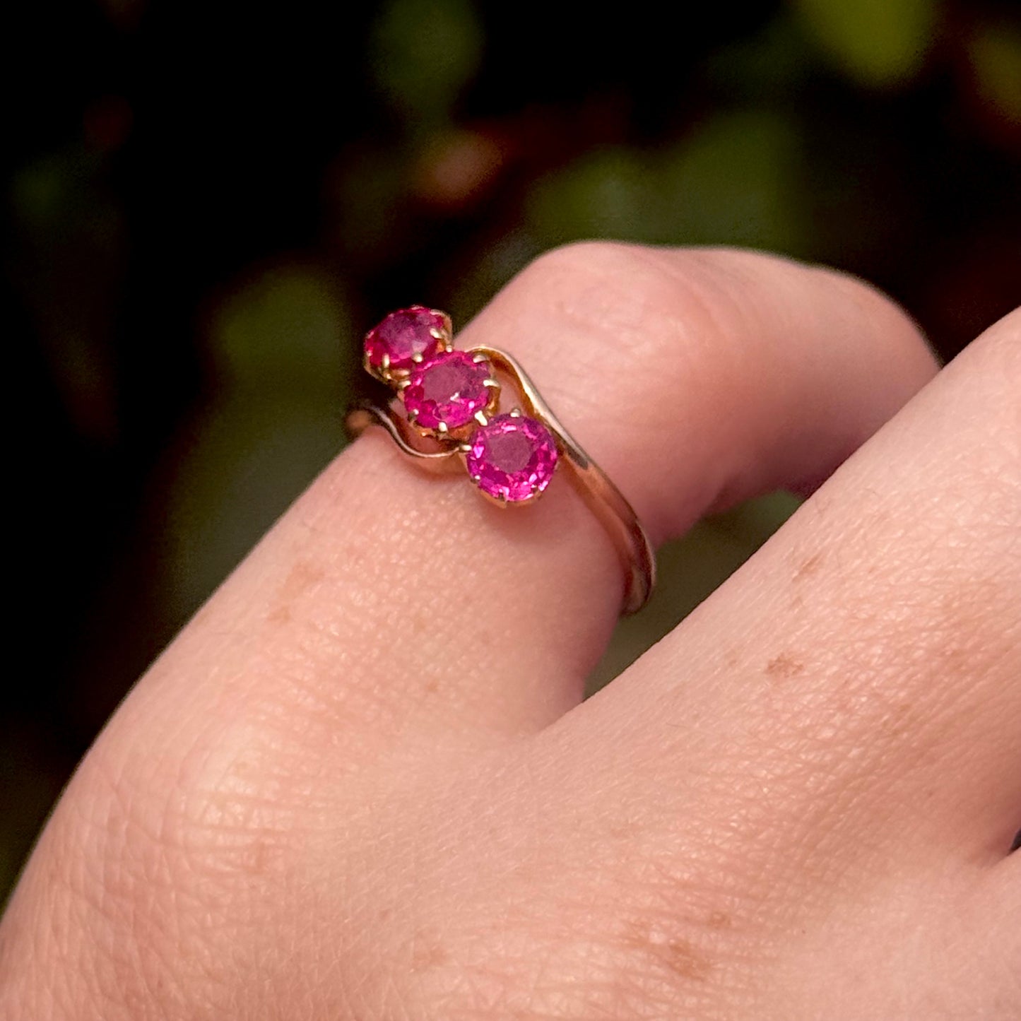 Edwardian Old Cut Ruby Trilogy in 9 Carat Gold; Circa 1910