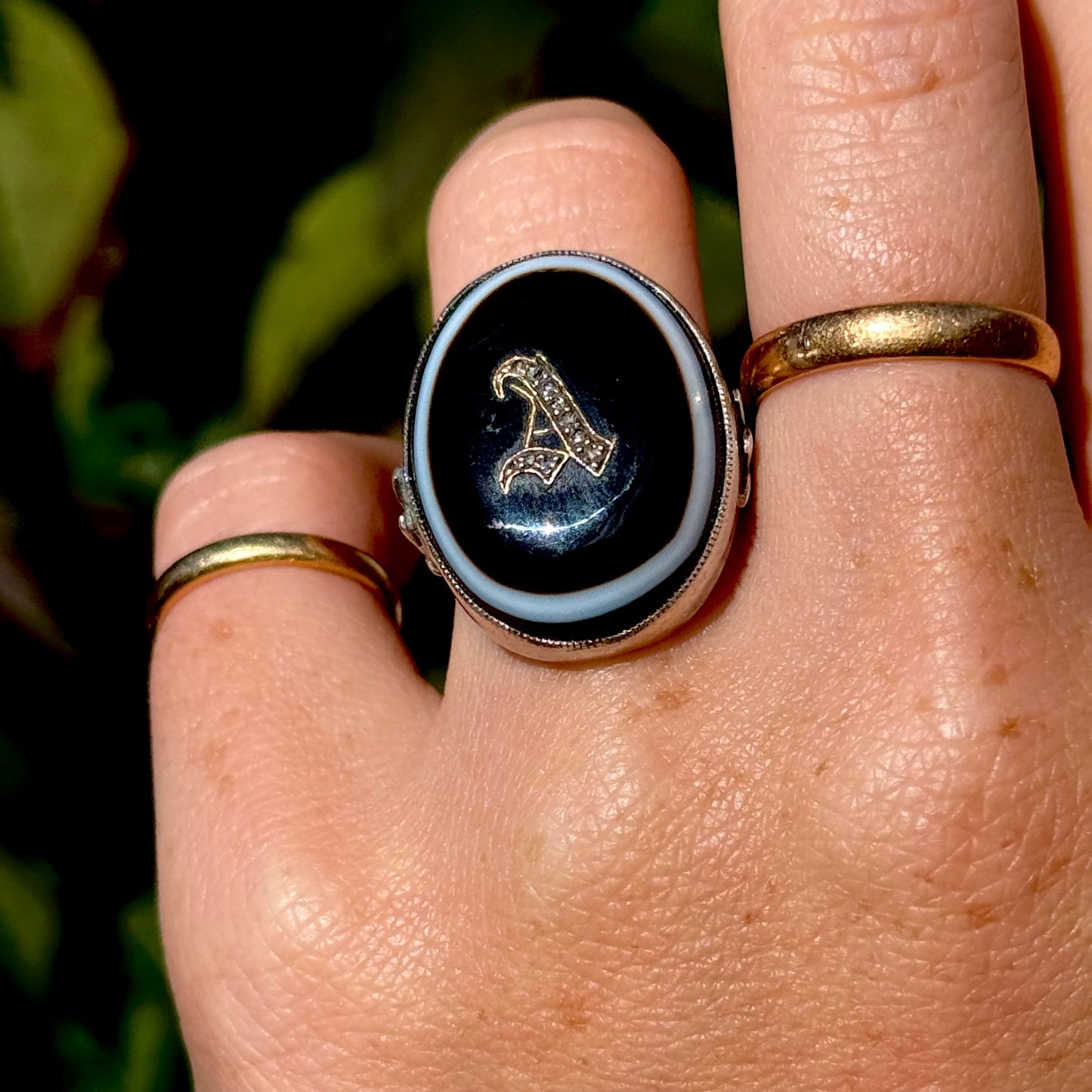 Victorian Banded Agate Diamond 'A' Ring in Sterling Silver Circa 1880