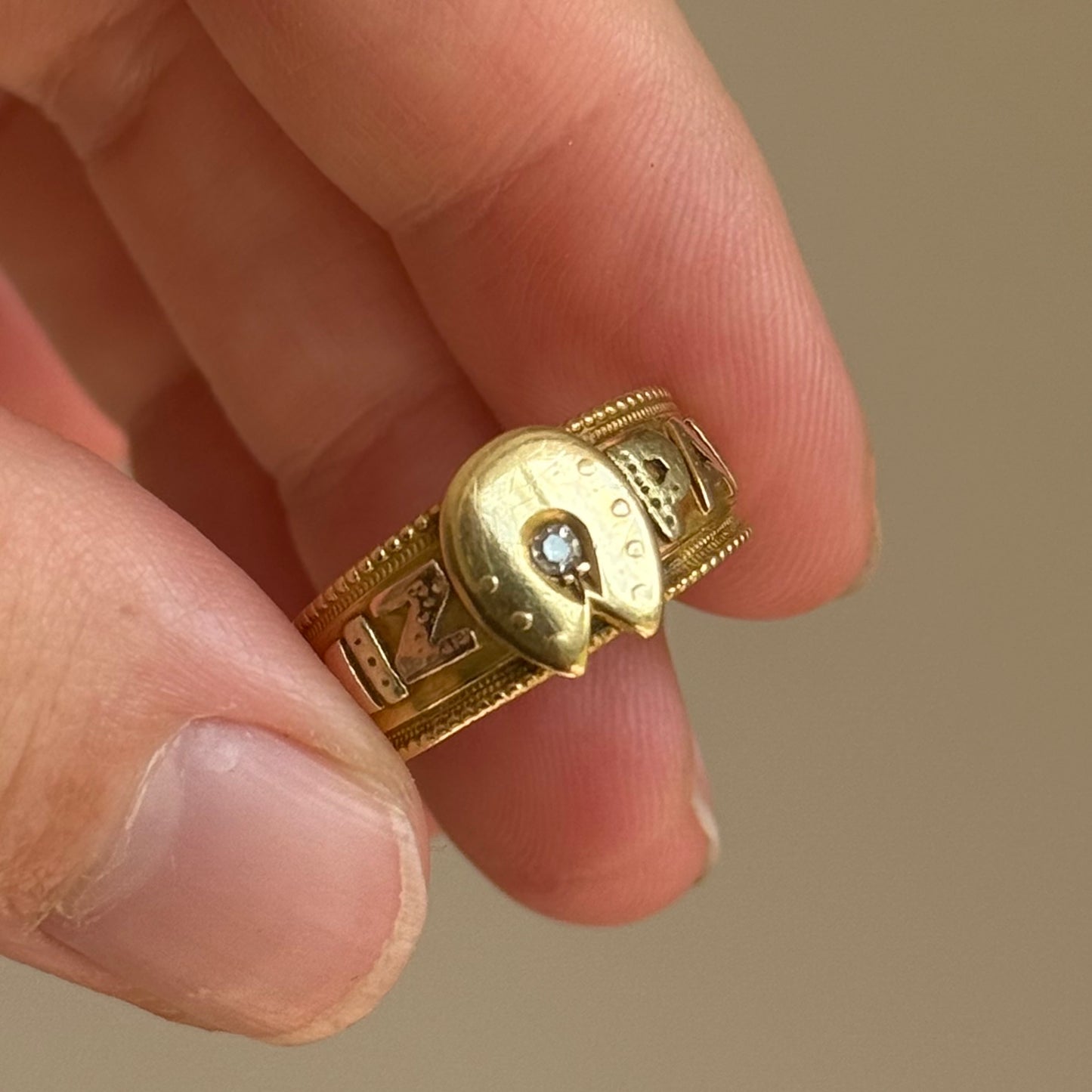 Victorian Diamond Mizpah Ring in 18 Carat Gold; Circa 1886