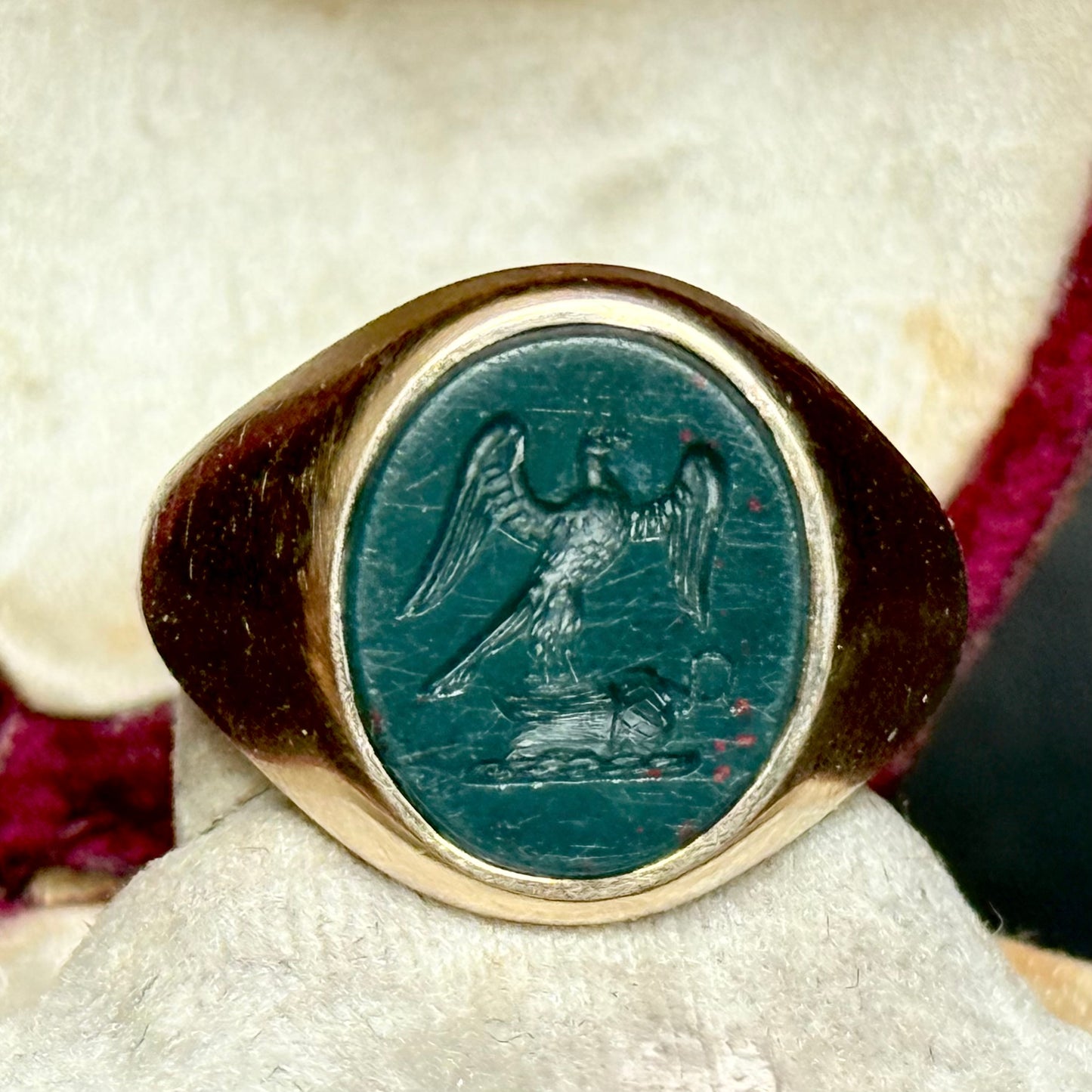 Vintage Bloodstone Intaglio Signet Ring in 9 Carat Gold; Circa 1982