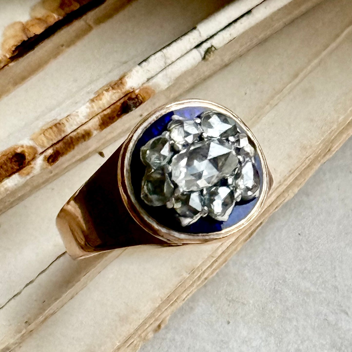 Georgian Rose Cut Diamond & Enamel Cluster Ring, Circa 1830