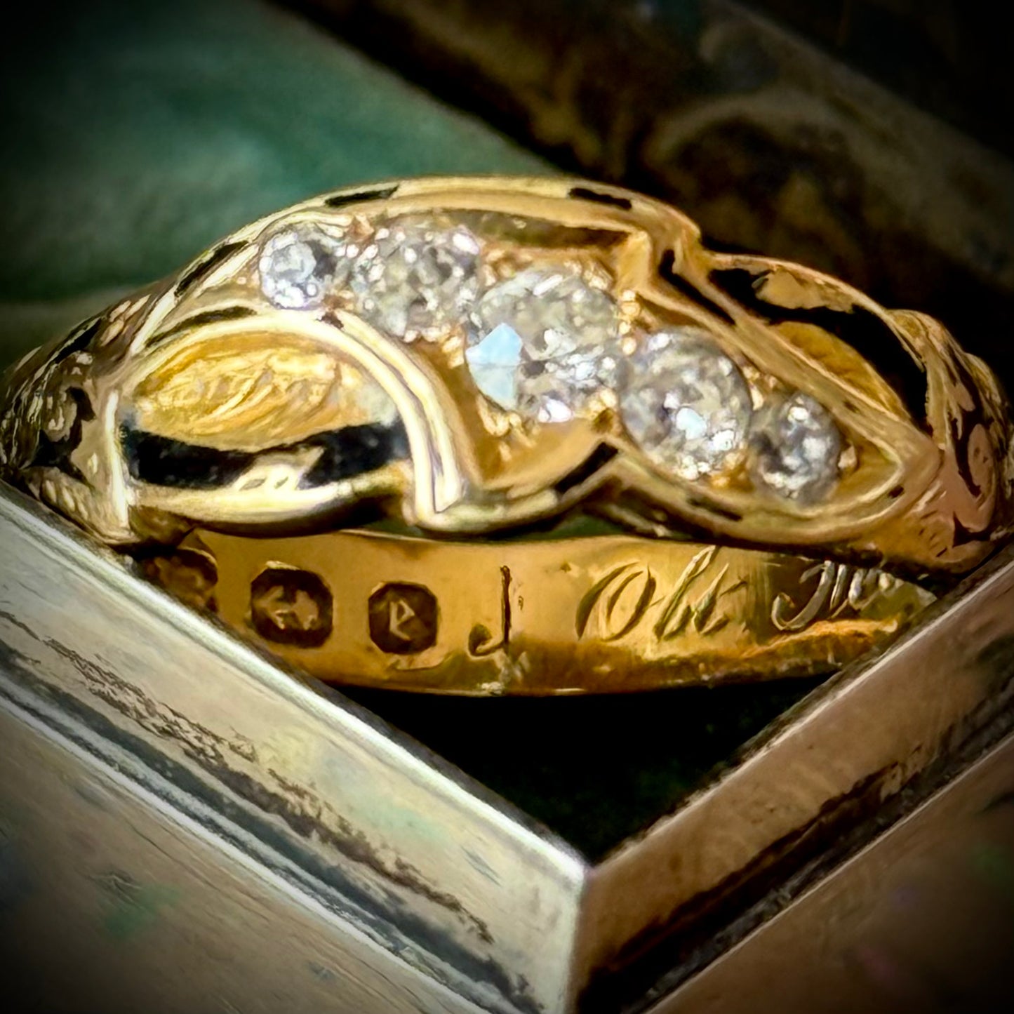 Antique Diamond & Enamel Mourning Ring in 18 Carat Gold; Circa 1879