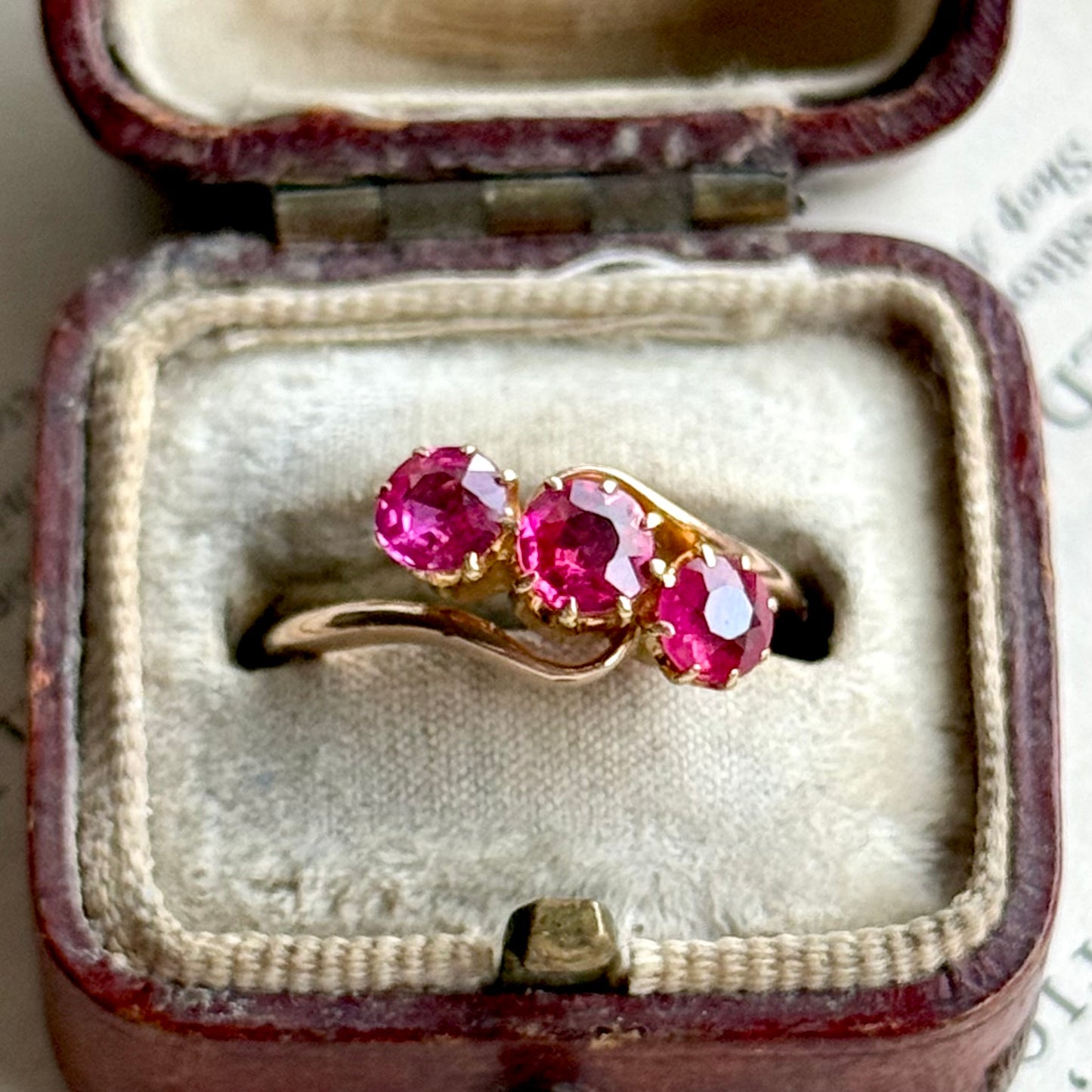 Edwardian Old Cut Ruby Trilogy in 9 Carat Gold; Circa 1910