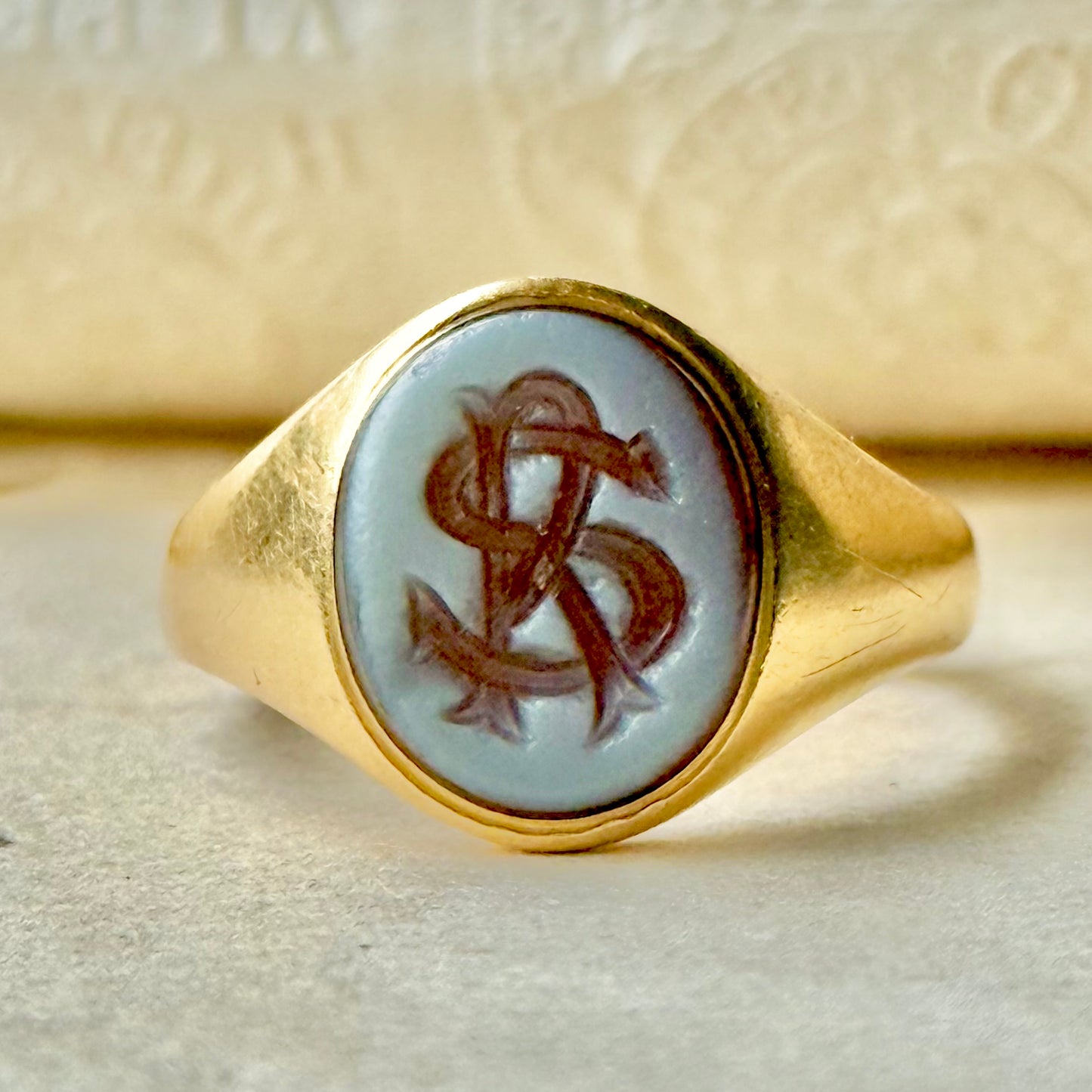 Victorian Sardonyx Signet ring in 18 Carat Gold; Circa 1868