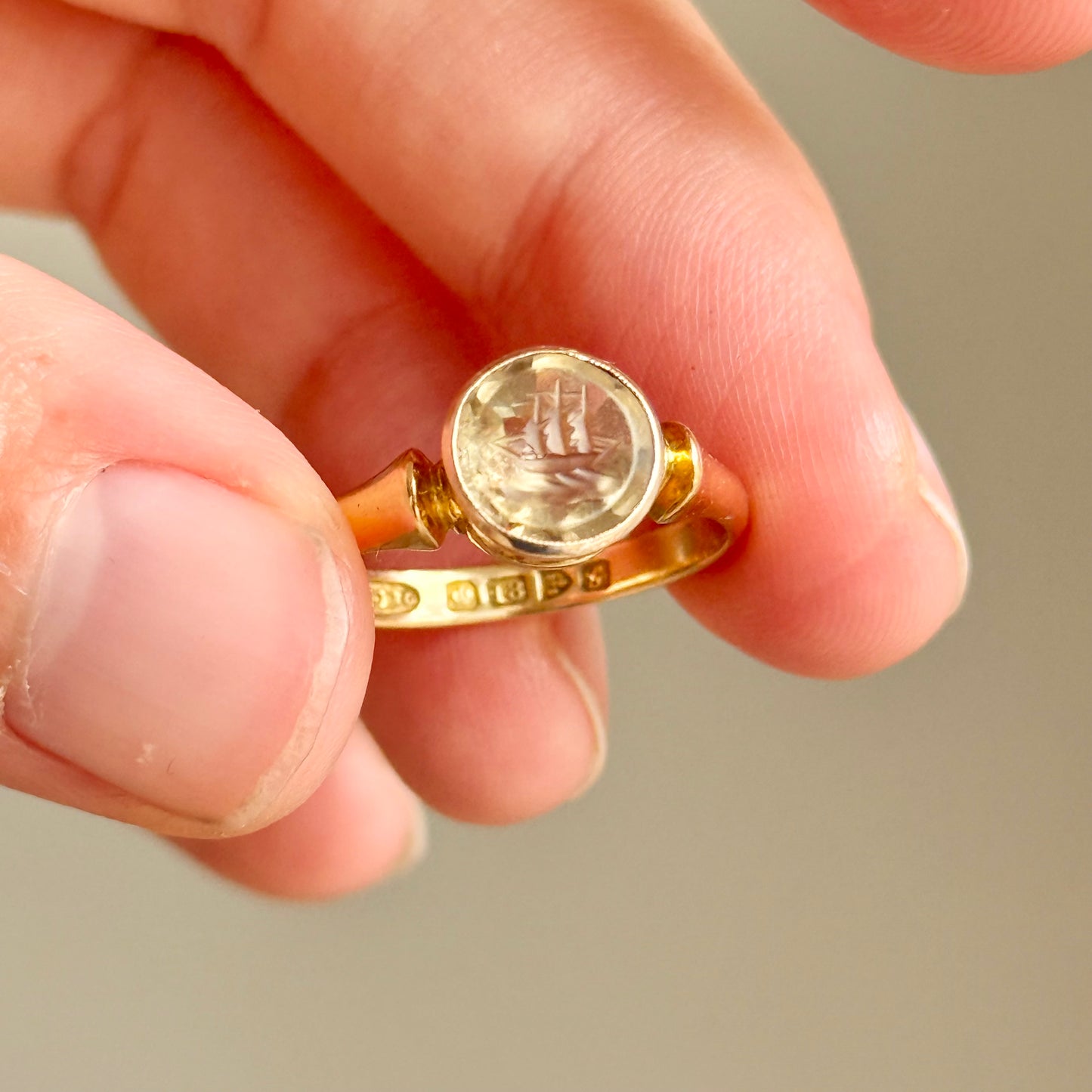 Edwardian Citrine Ship Intaglio Ring in 18 Carat Gold; Circa 1907