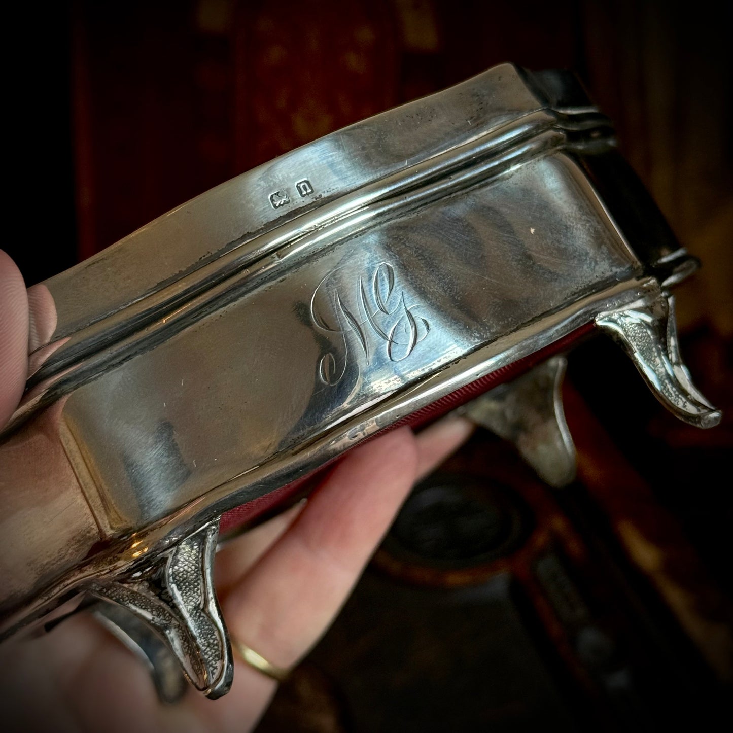 Antique Sterling Silver & Velvet Jewellery Box, England 1912