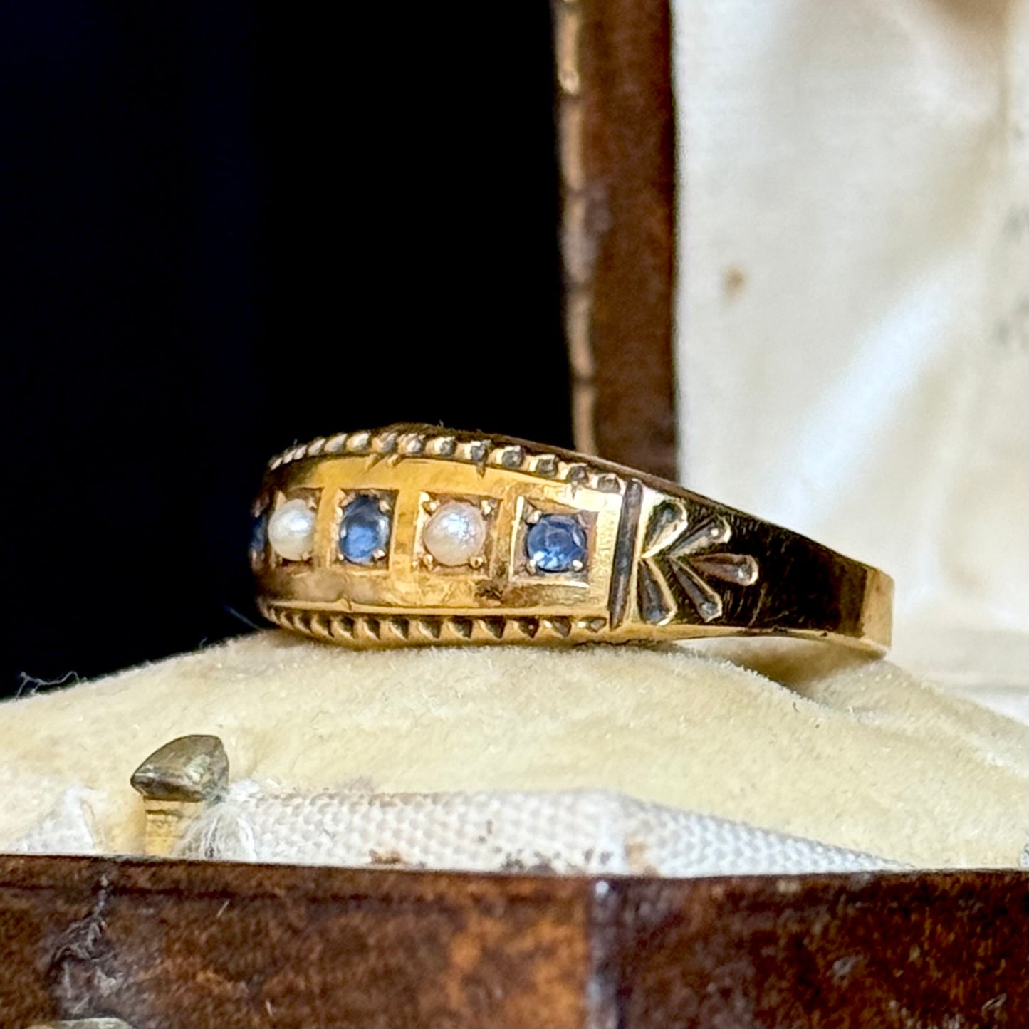 Antique Sapphire & Pearl Ring in 9 Carat Gold; Circa 1900