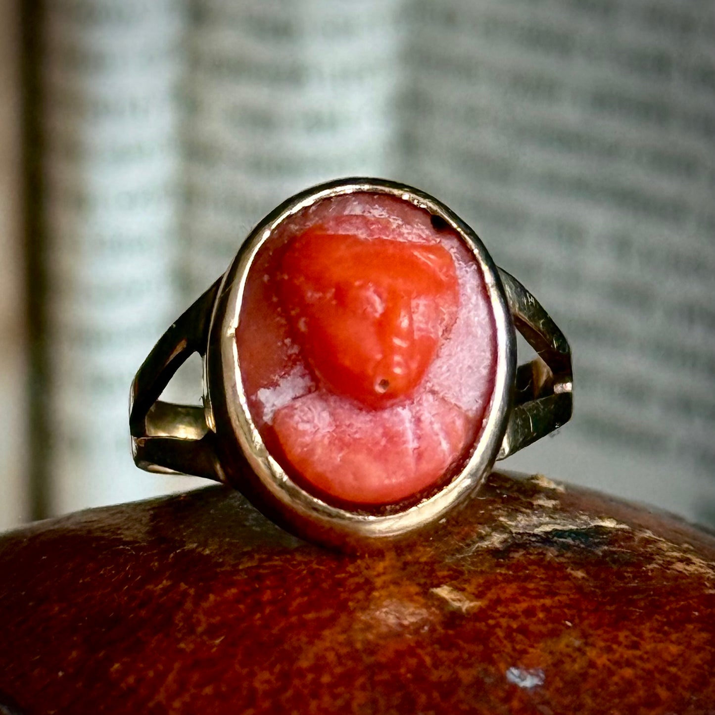 Early Victorian Coral Cameo Ring in 9 Carat Gold; Circa 1830