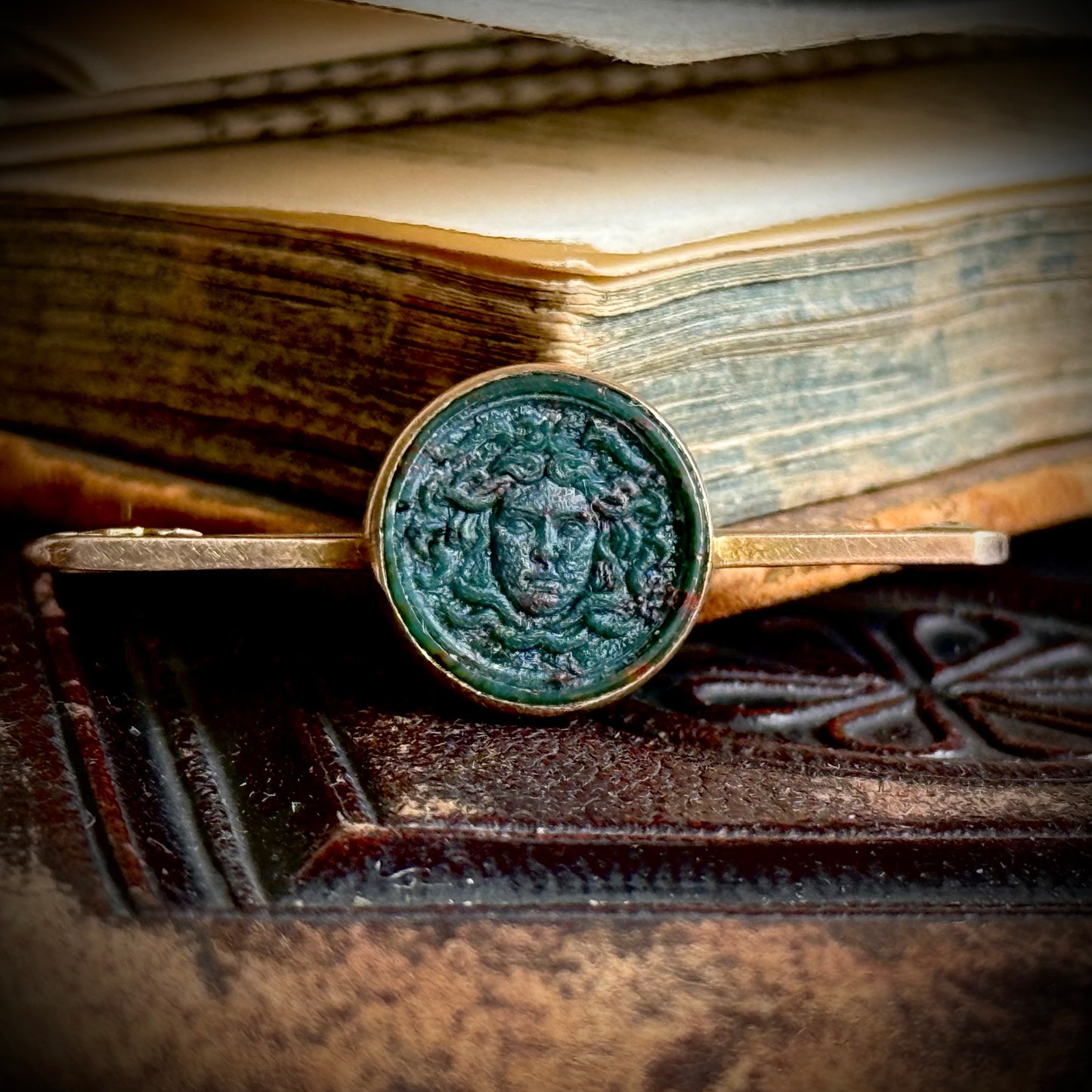 Bloodstone Medusa Bloodstone Bar Brooch in 9 Carat Gold