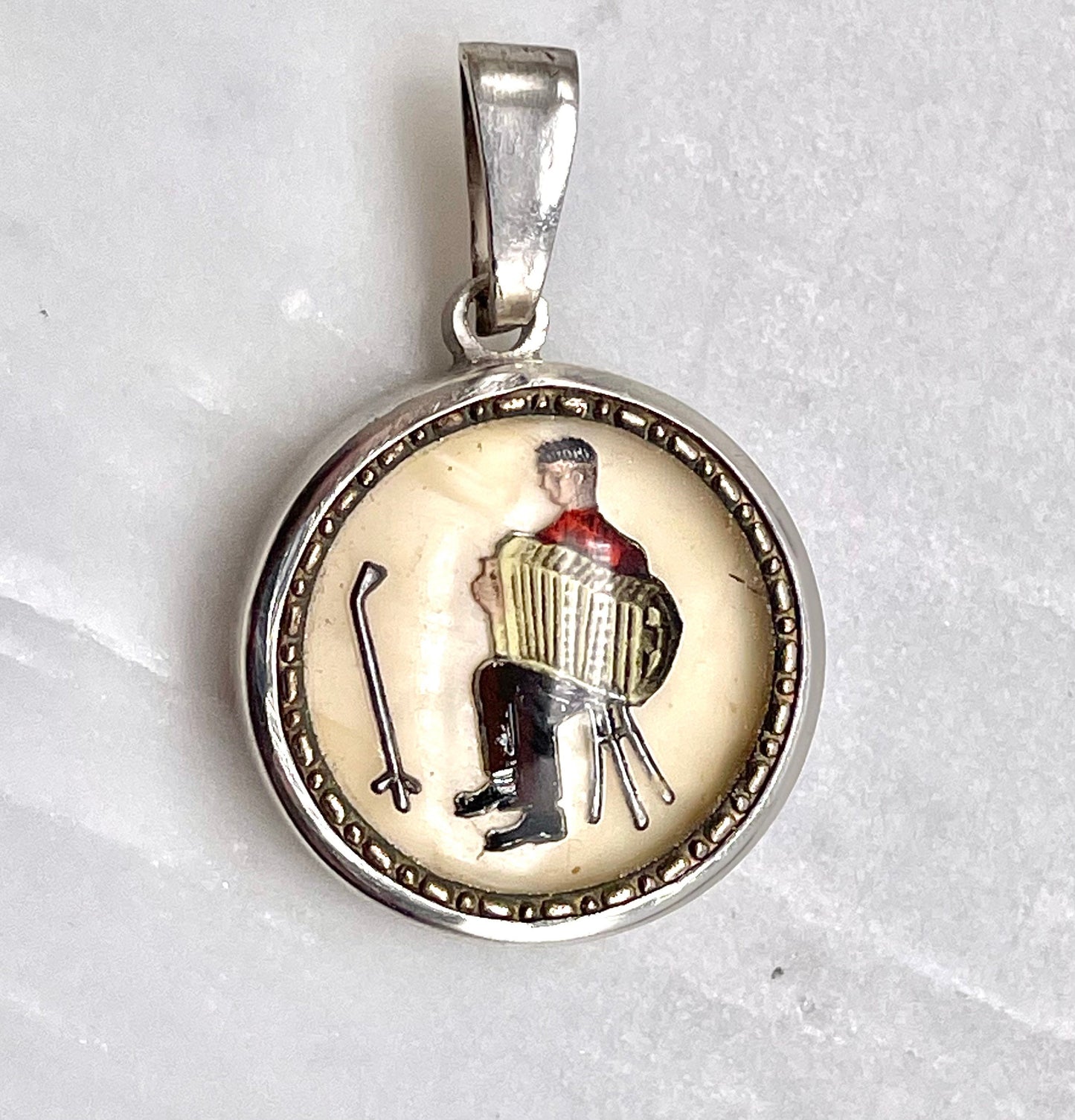 Vintage Trompe loeil Accordion Player Handmade Pendant in Sterling Silver