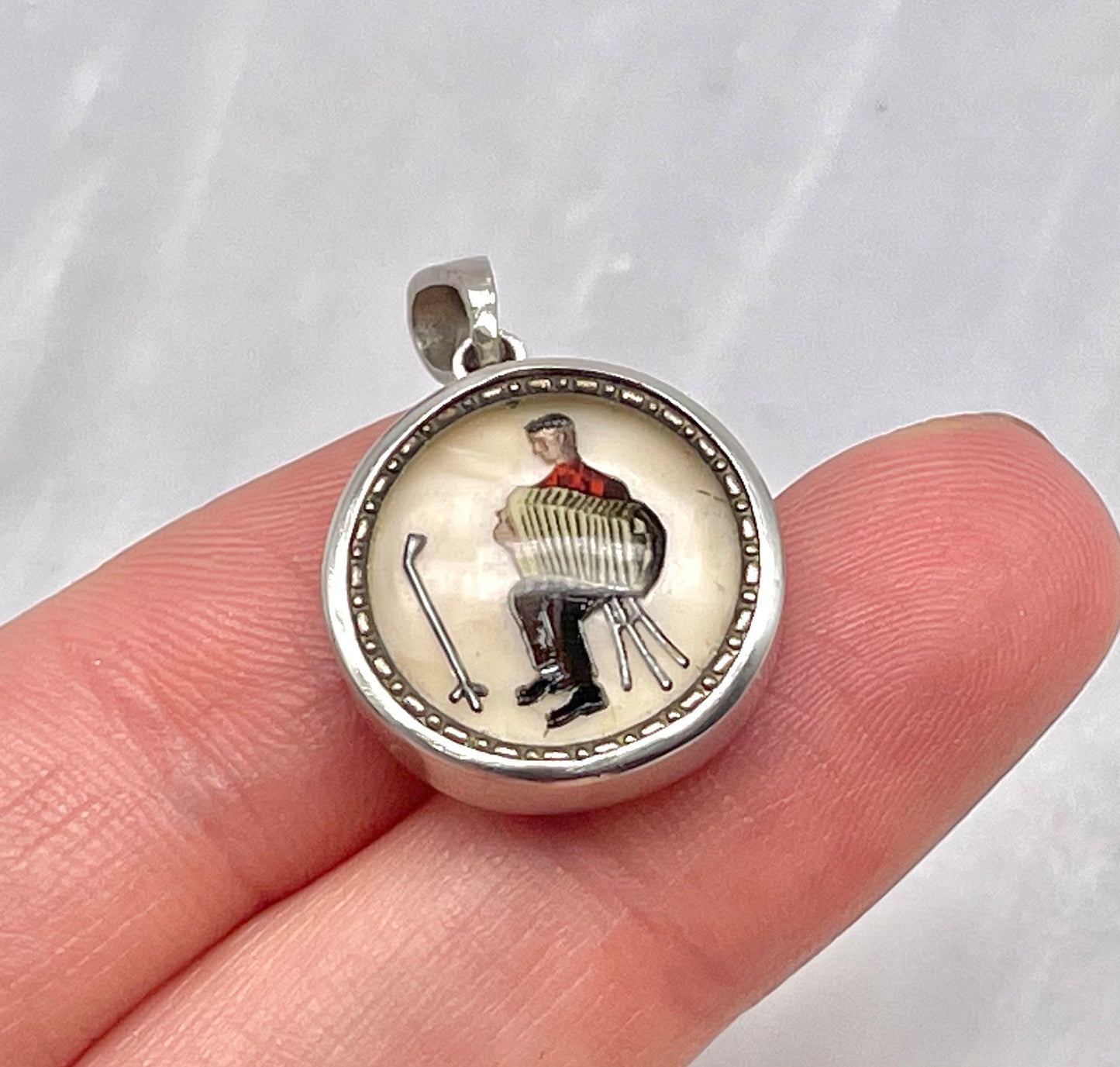 Vintage Trompe loeil Accordion Player Handmade Pendant in Sterling Silver