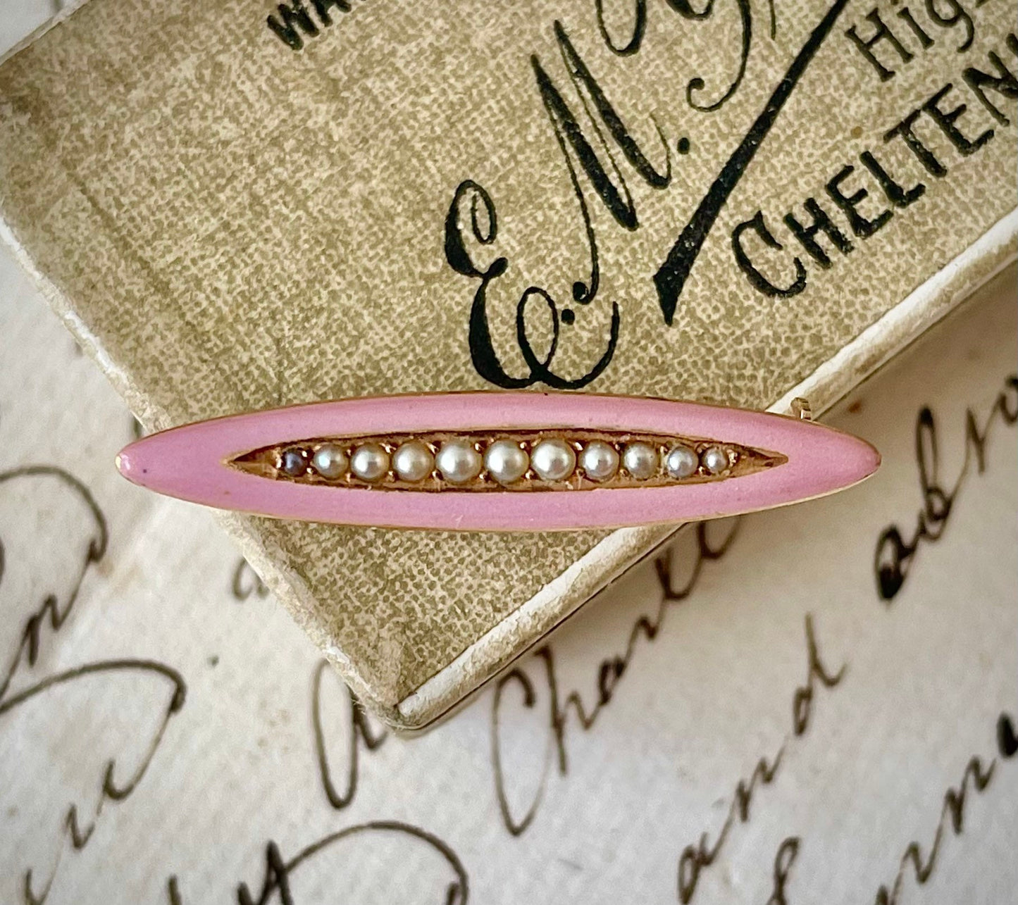 Victorian Pink Enamel & Pearl 14 Carat Gold; Circa 1890